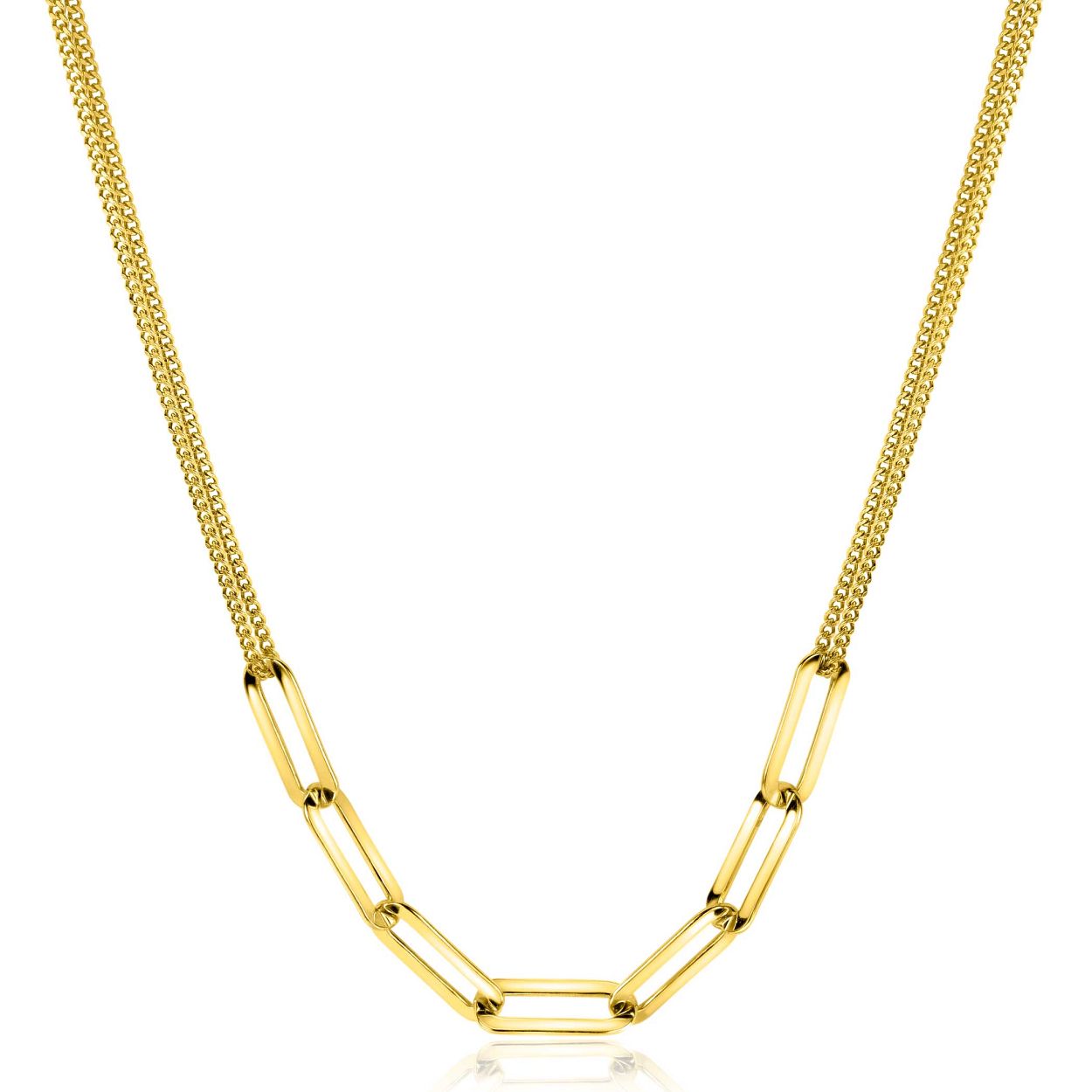 Zilveren, goudverguld Zinzi collier ZIC2262G van 40 - 45cm lang met een paperclip schakel en een dubbele ketting. Heel trendy en feestelijk! 