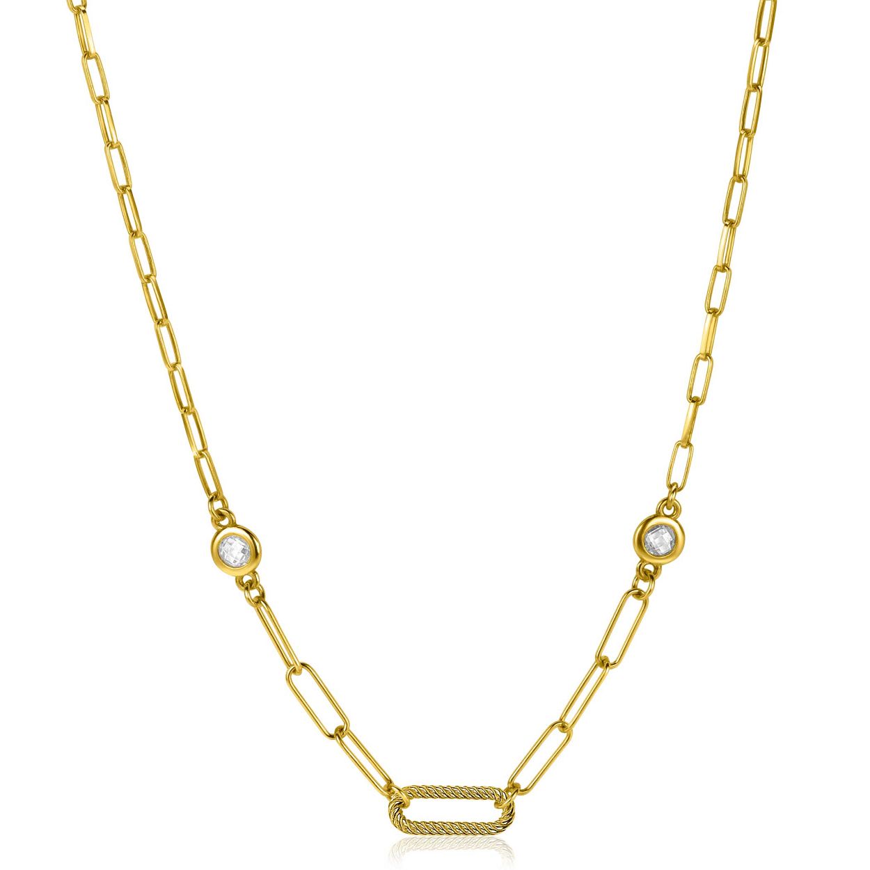 ZINZI zilveren collier extra 14K geel verguld paperclip schakel met witte ronde zirconia's 42-45cm ZIC2264G