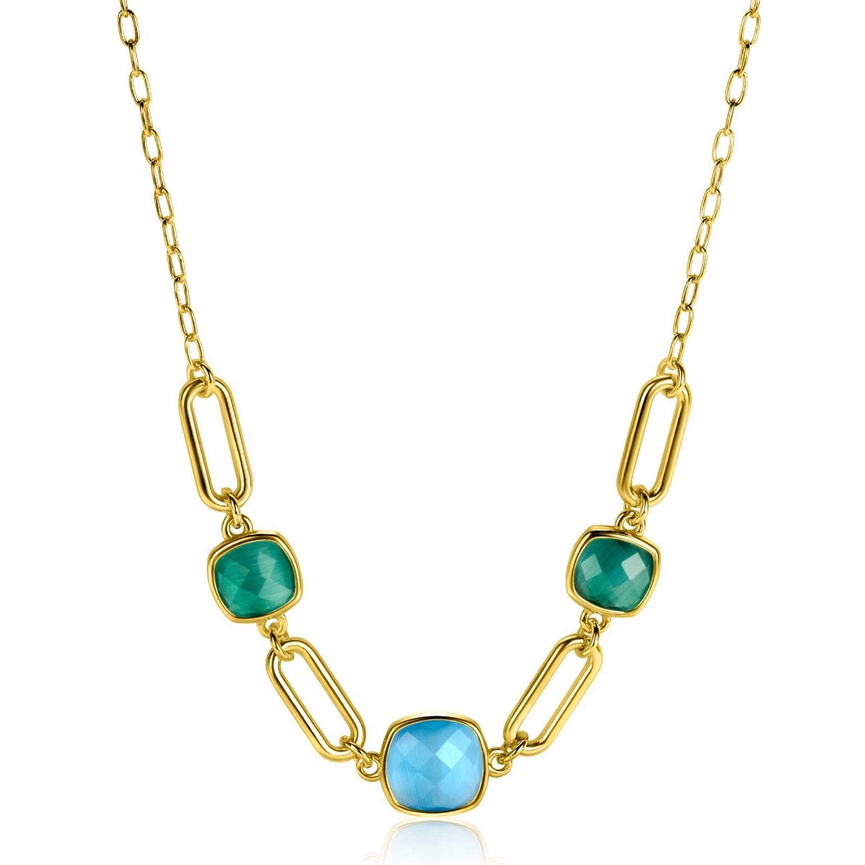 ZINZI gold plated zilveren collier 45cm met grote paperclip schakels en trendy vierkante zettingen, bezet met turquoise en groene kleurstenen. De lengte van het collier is te variëren tussen 42 en 45cm door het handige verlengkettinkje. Bij sluiting herkenbaar ZINZI, door het zilveren Zinzi hartje. Vervaardigd van eerste gehalte zilver (925) en voorzien van een extra 14K geel vergulding.
