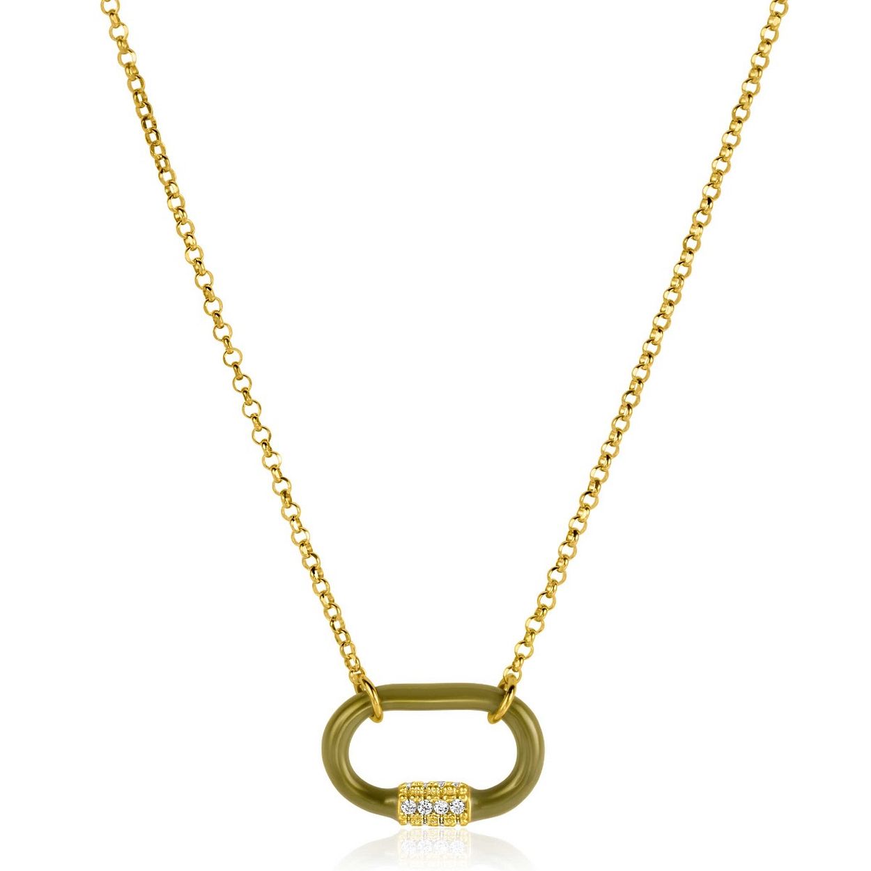 ZINZI gold plated zilveren schakelketting 45cm met ovale hanger in olijfgroen emaille en bezet met witte zirconia's. De lengte van de ketting is te variëren tussen 40cm en 45cm. Vervaardigd van eerste gehalte zilver (925) en voorzien van een extra 14K geel vergulding.
