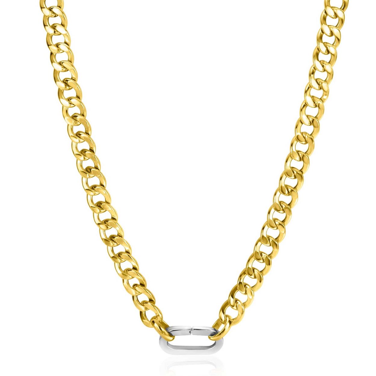 ZINZI gold plated zilveren brede gourmet ketting 42cm met zilveren ovale sluitring. De gourmet schakels zijn 6mm breed. Aan de sluitring kunnen kleine hangers worden bevestigd. Vervaardigd van eerste gehalte zilver (925) en voorzien van een extra 14K geel vergulding.