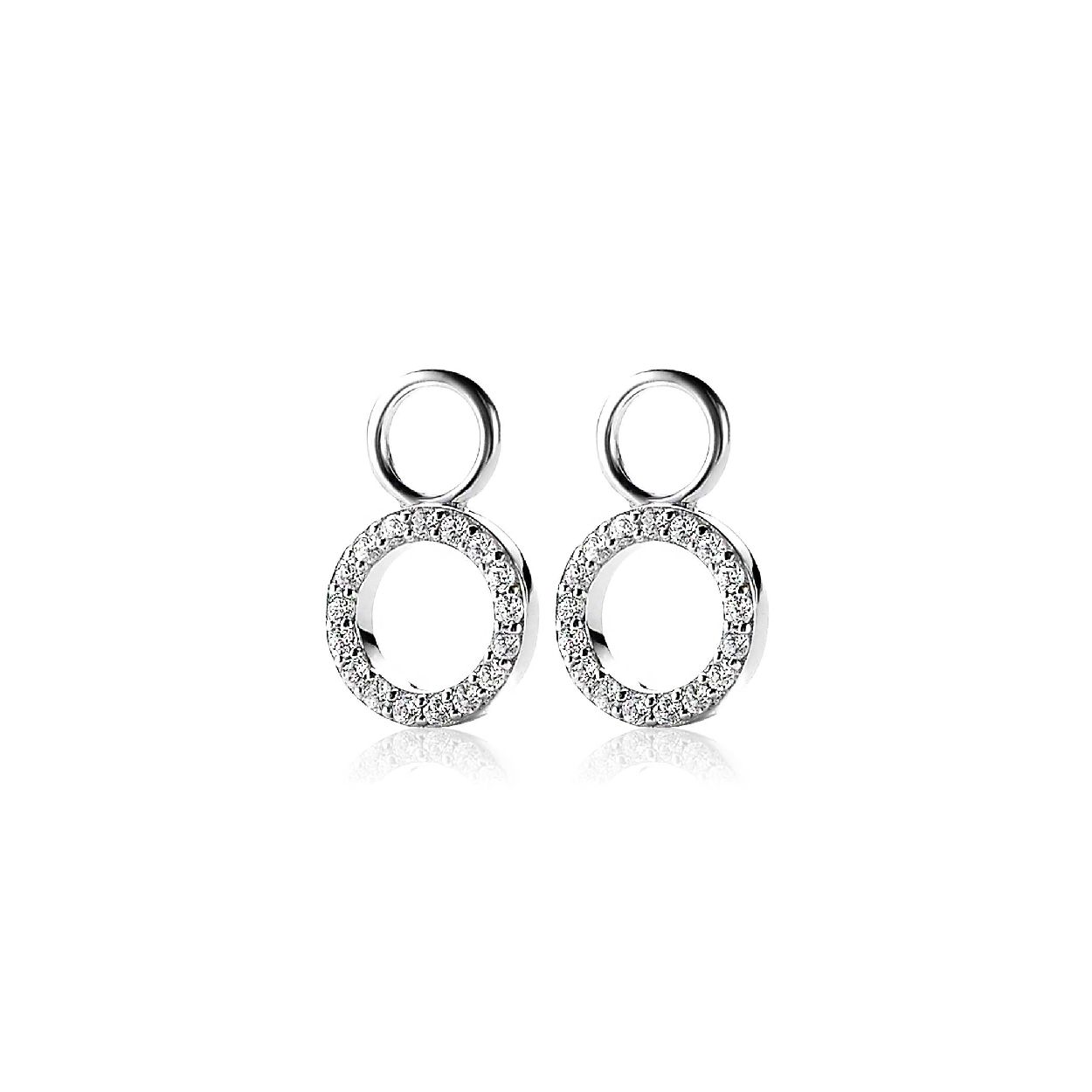 ZINZI zilveren oorbedels met opengewerkte rondjes, bezet met witte zirconia's. Hang ze sierlijk aan je zilveren Zinzi oorringen . De oorringen zijn niet bij de prijs inbegrepen. Vervaardigd van eerste gehalte zilver (925) en met extra rodiumlaag voor een langdurige glans.