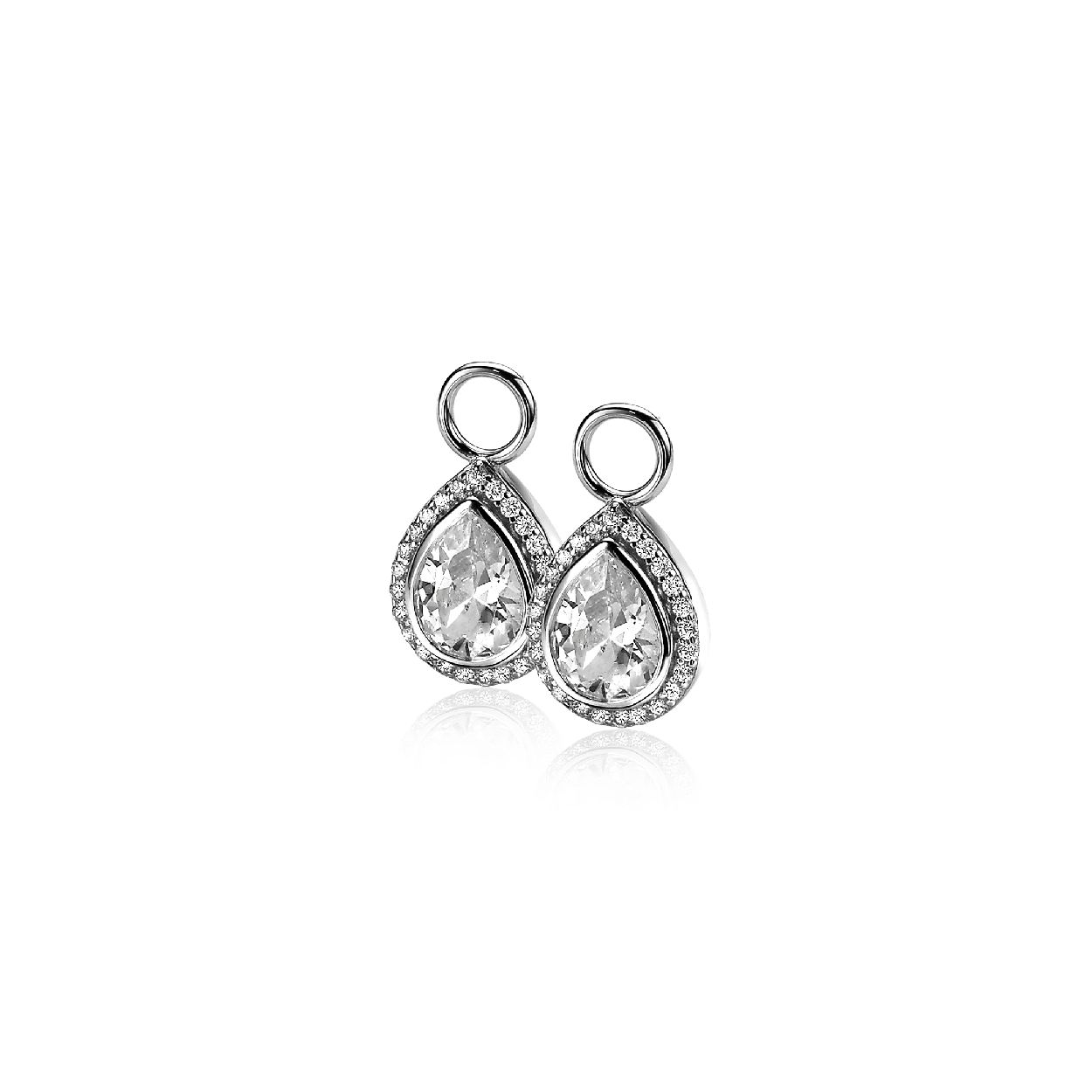 ZINZI zilveren peervormige luxueuse oorbedels, waarbij de rand is bezet met witte zirconia's. In het midden bezet met een grote witte zirconia. Hang deze oorbedels sierlijk aan je zilveren Zinzi oorringen . De oorringen zijn niet bij de prijs inbegrepen. Vervaardigd van eerste gehalte zilver (925) en met extra rodiumlaag voor een langdurige glans.