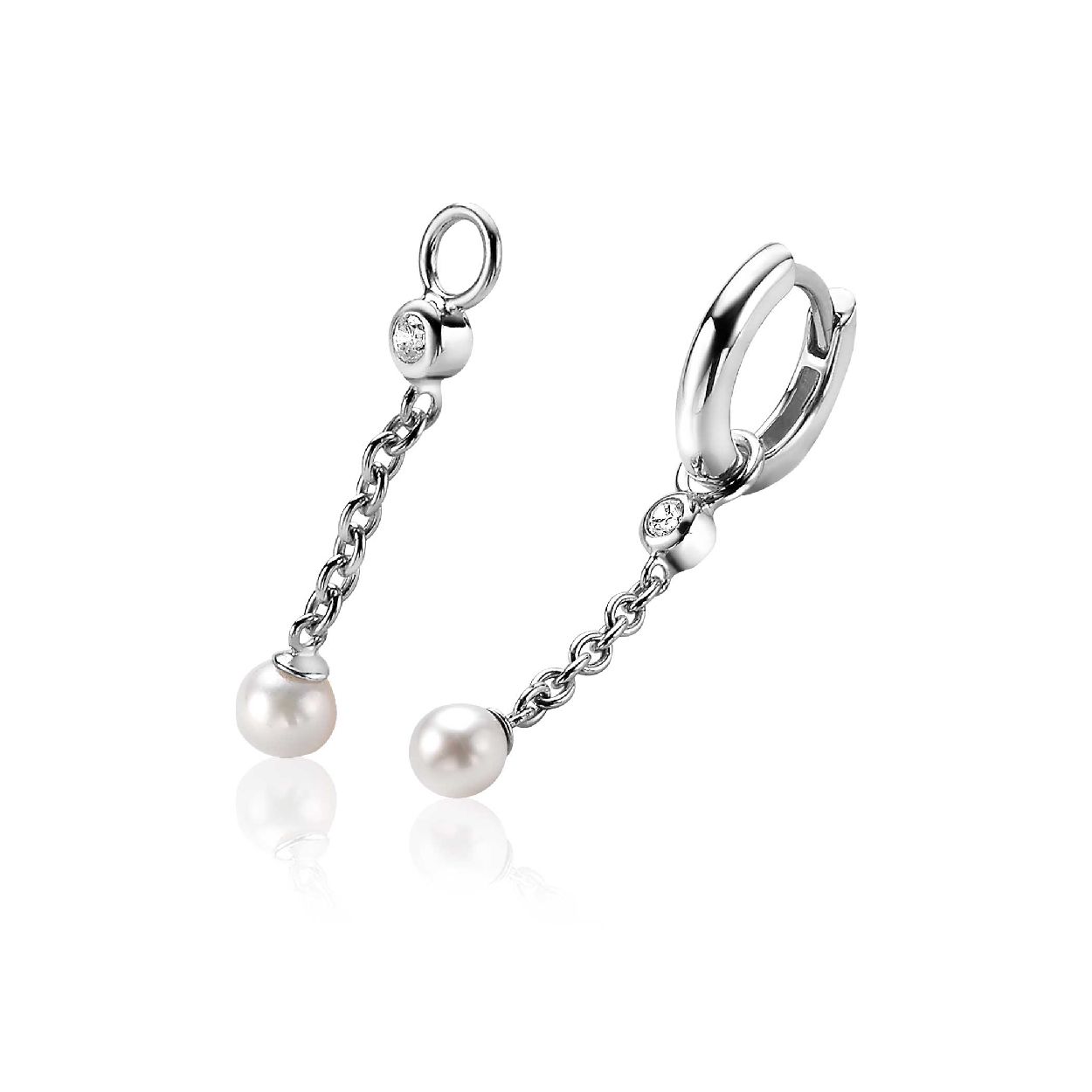 ZINZI zilveren oorbedels 25 mm schakelketting met ronde zirconia en parel wit ZICH2037