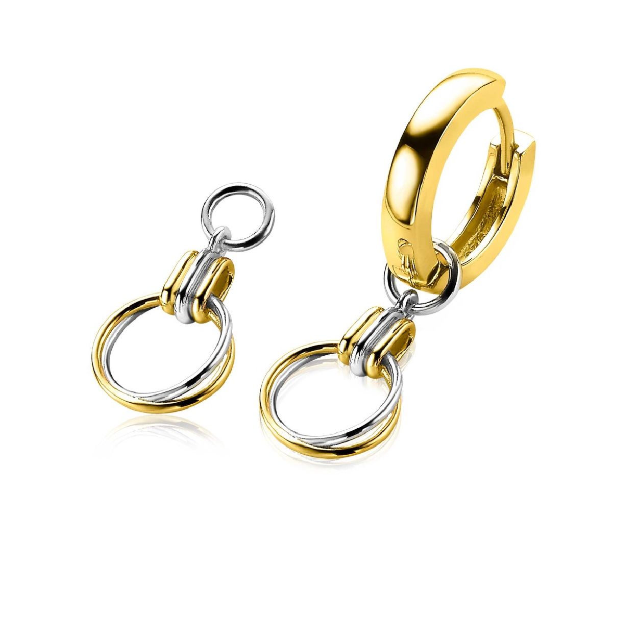 ZINZI zilveren oorbedels, waarbij twee ronde ringetjes (10mm) met elkaar verweven zijn. De ringetjes zijn vervaardigd van zilver en geel verguld en zijn bevestigd aan een fraai bicolor hangoog. Hang deze oorbedels sierlijk aan je zilveren Zinzi oorringen. De oorbedels zijn 18mm lang. De oorringen zijn niet bij de prijs inbegrepen. Vervaardigd van eerste gehalte zilver (925) en met extra rodiumlaag voor een langdurige glans.