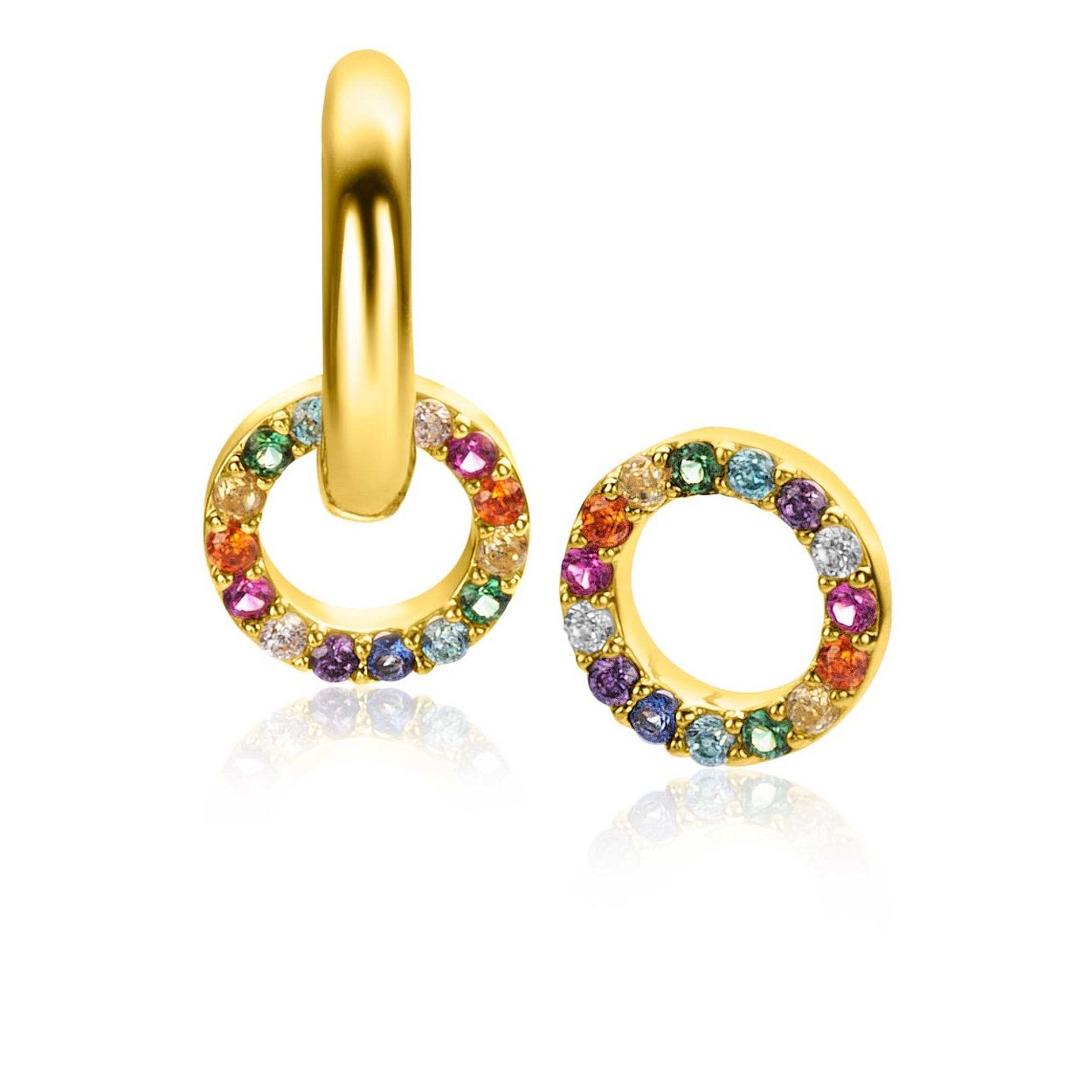 ZINZI gold plated zilveren oorbedels in ronde vorm 8mm, bezet met een regenboog aan kleurstenen. Deze schitterende oorbedels geven elke outfit kleur! Hang deze oorbedels sierlijk aan je zilveren ZINZI oorringen. De oorringen zijn niet bij de prijs inbegrepen. Ook verkrijgbaar in zilver. Vervaardigd van eerste gehalte zilver (925) en extra 14K geel verguld.