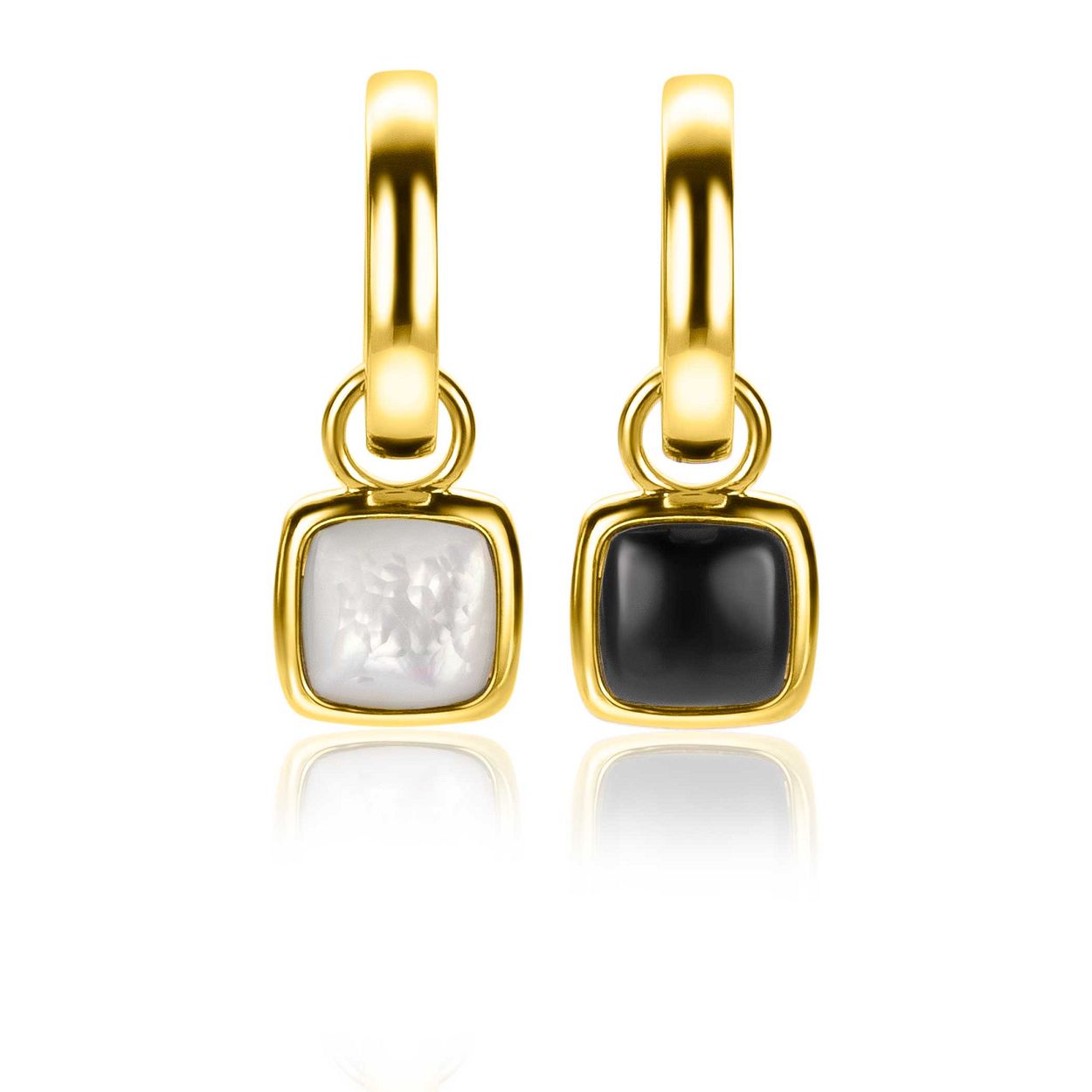 ZINZI zilveren oorbedels 14K geel verguld in carrévorm, aan de ene zijde bezet met glanzend wit parelmoer en aan de andere zijde met zwarte onyx. De oorbedel is 15 mm lang en 10 mm breed. De bedels hebben een rond hangoog, waarmee je ze sierlijk aan je ZINZI oorringen hangt. De oorbedels zijn exclusief de oorringen geprijsd. Vervaardigd van eerste gehalte zilver (925) en extra 14K geel verguld.