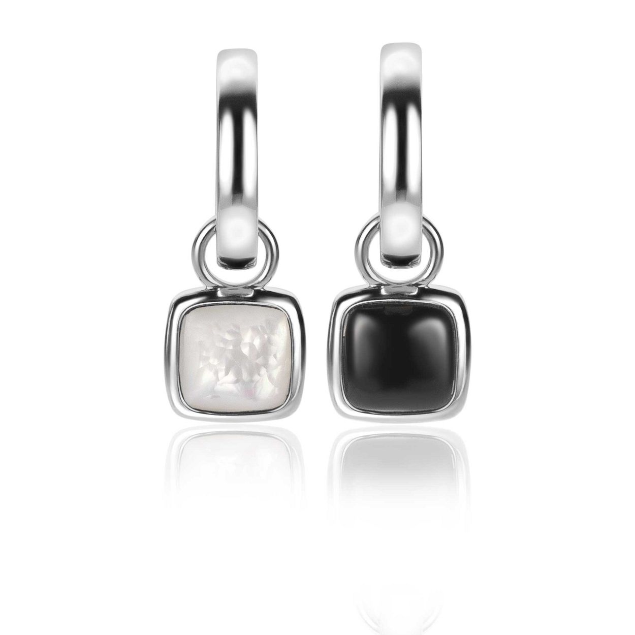 ZINZI zilveren oorbedels vierkant tweezijdig zwarte onyx en witte parelmoer 10mm ZICH2257. (zonder oorringen).
