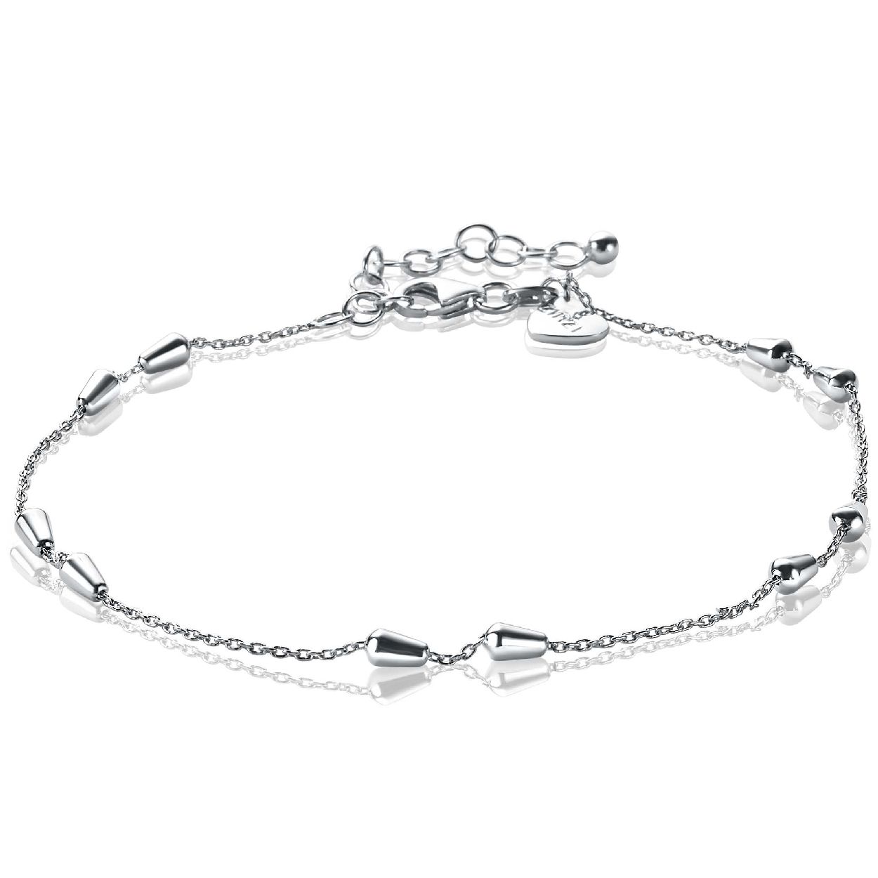 ZINZI zilveren fantasie enkelband, bestaande uit een anker schakelketting met zes ovale fantasie-vormen. Deze vormen zijn gelijk verdeeld over de enkelband. De lengte van de enkelband is 23cm én voorzien van een extra verlengkettinkje van 4cm, waardoor iedere enkel (smal of breed) deze 'glimmers' kan dragen. Met herkenbaar Zinzi hartje bij de sluiting. De enkelband is vervaardigd van eerste gehalte zilver (925) en voorzien van een extra rodiumlaag voor een langdurige glans.