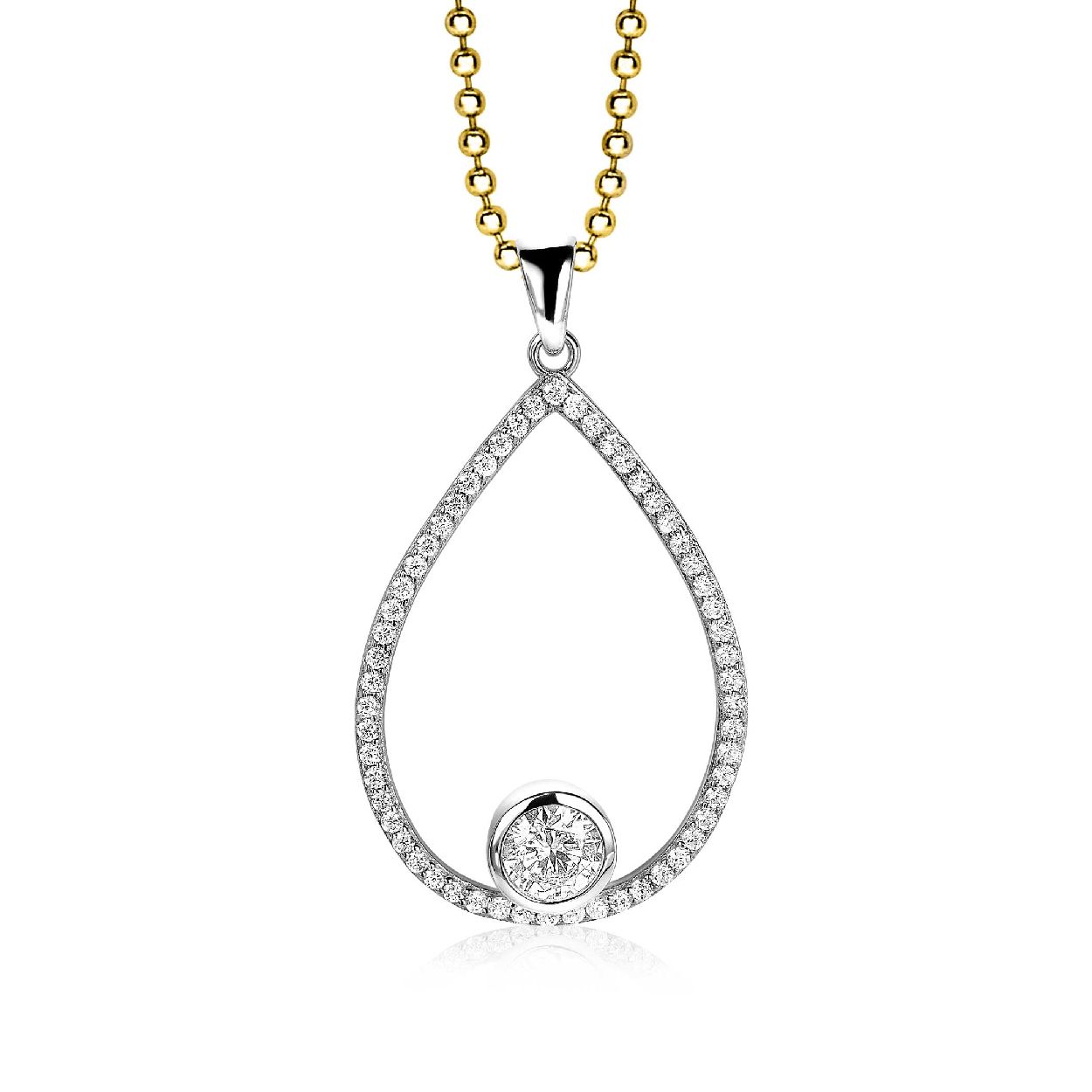 ZINZI zilveren hanger met grote open druppelvorm (45mm) bezet met witte zirconia's. Een grote ronde witte zirconia is onderin de open druppelvorm bevestigd. Dit zorgt voor een extra schitterende uitstraling. Vervaardigd van eerste gehalte zilver (925) en extra rodiumlaag voor een langdurige glans.