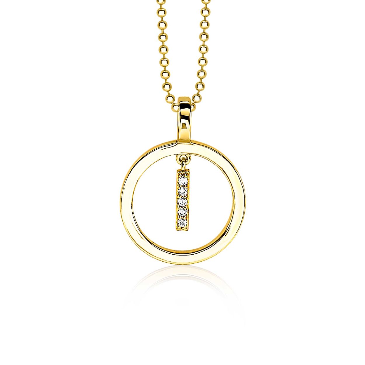 ZINZI zilveren hanger geel verguld open rond staafje wit 18mm ZIH1852G
