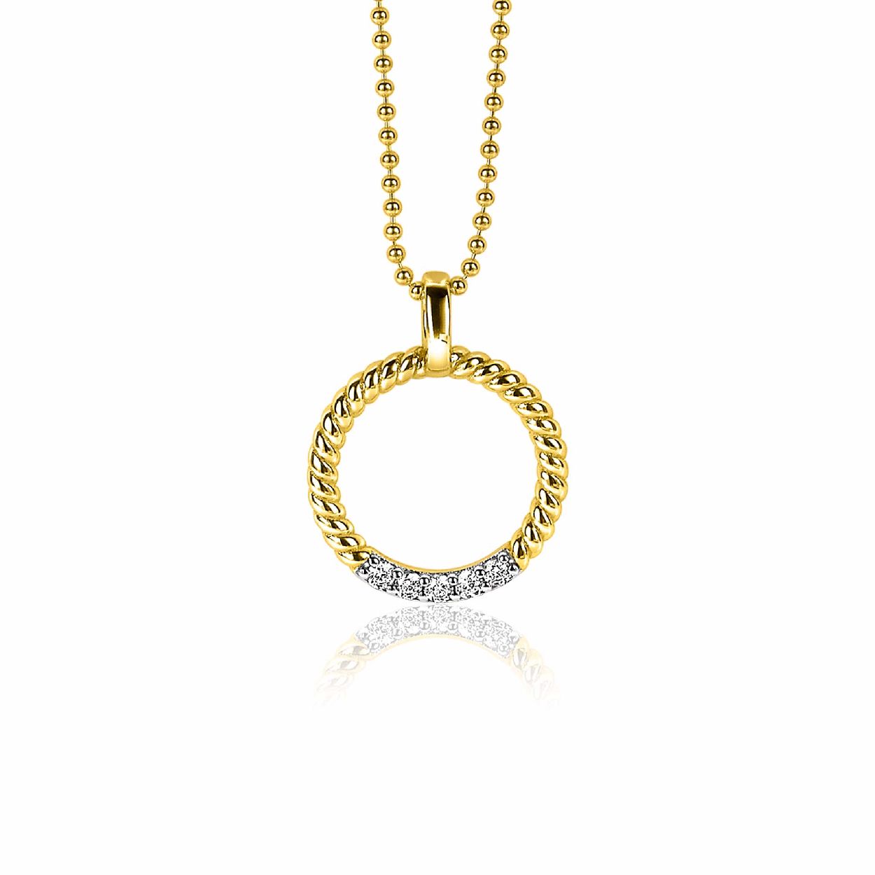 ZINZI zilveren ronde hanger 22mm in geel verguld gedraaid witte zirconia ZIH2128Y (zonder collier)