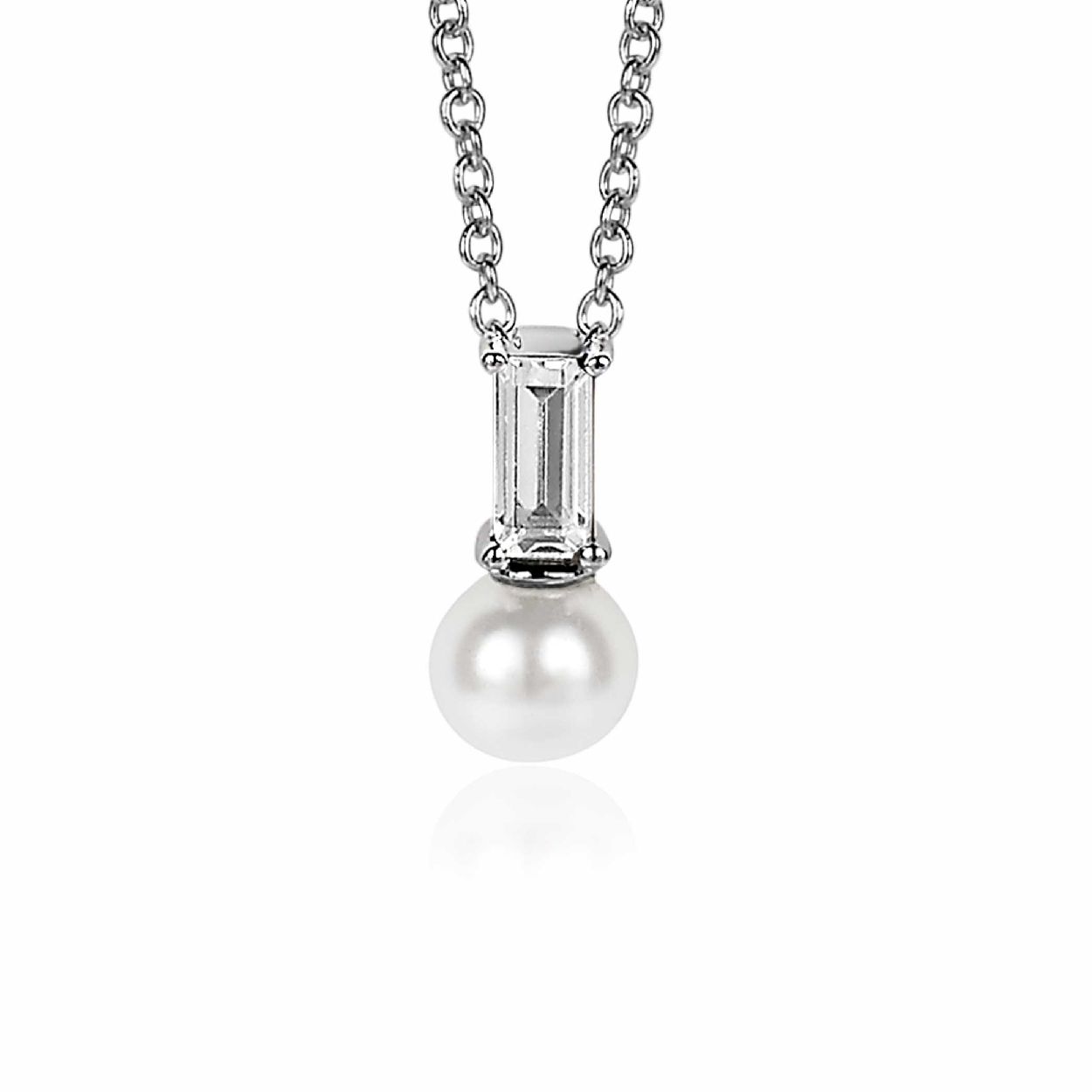 ZINZI zilveren witte parelhanger met witte baquette geslepen zirconia ZIH2135