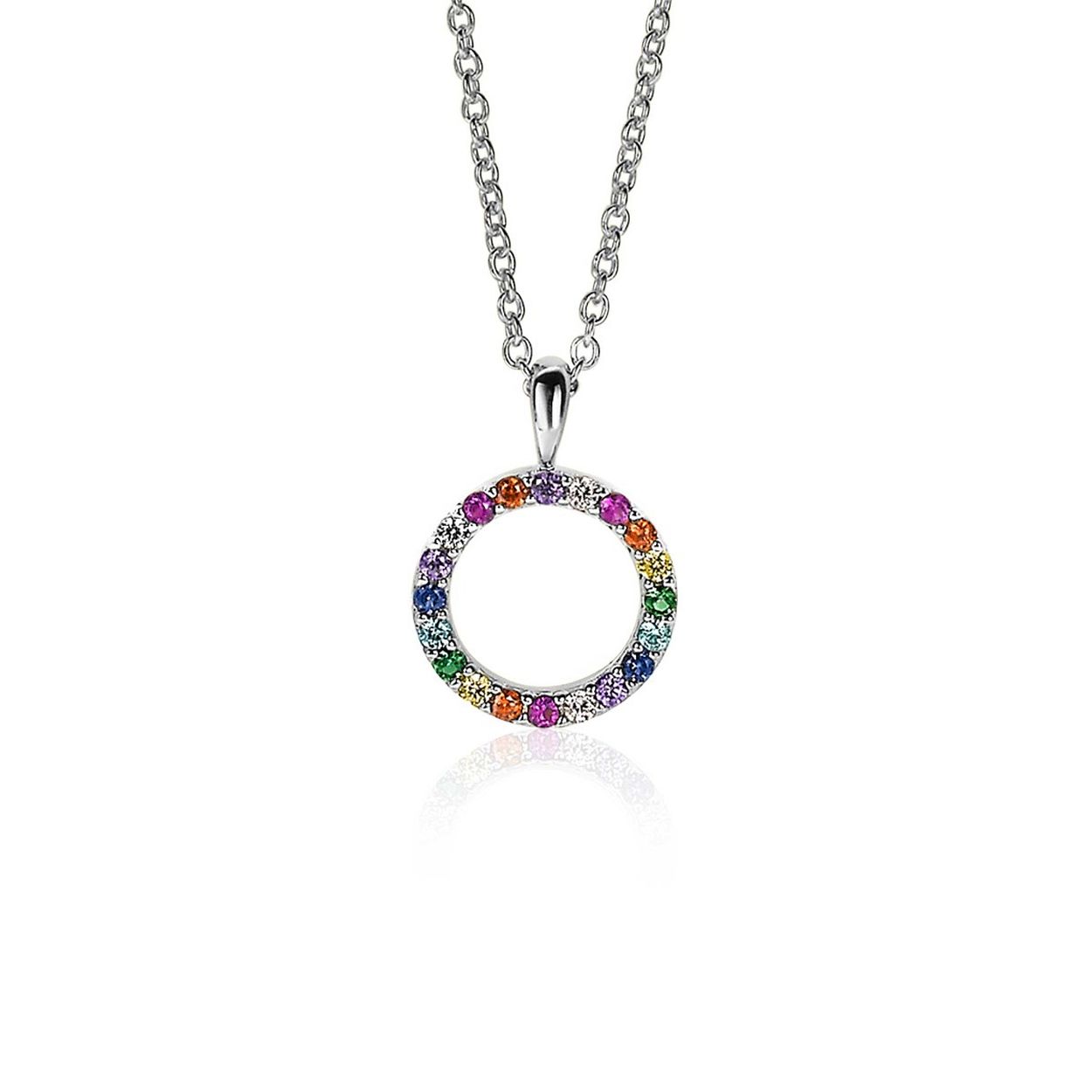 ZINZI zilveren hanger 12mm in ronde vorm bezet met een regenboog aan kleurstenen. Deze subtiele maar schitterende hanger geeft elke outfit kleur! Combineer met een ketting naar wens. De hanger is exclusief ketting geprijsd. Vervaardigd van eerste gehalte zilver (925) en extra rodium laag voor een witgouden uitstraling.