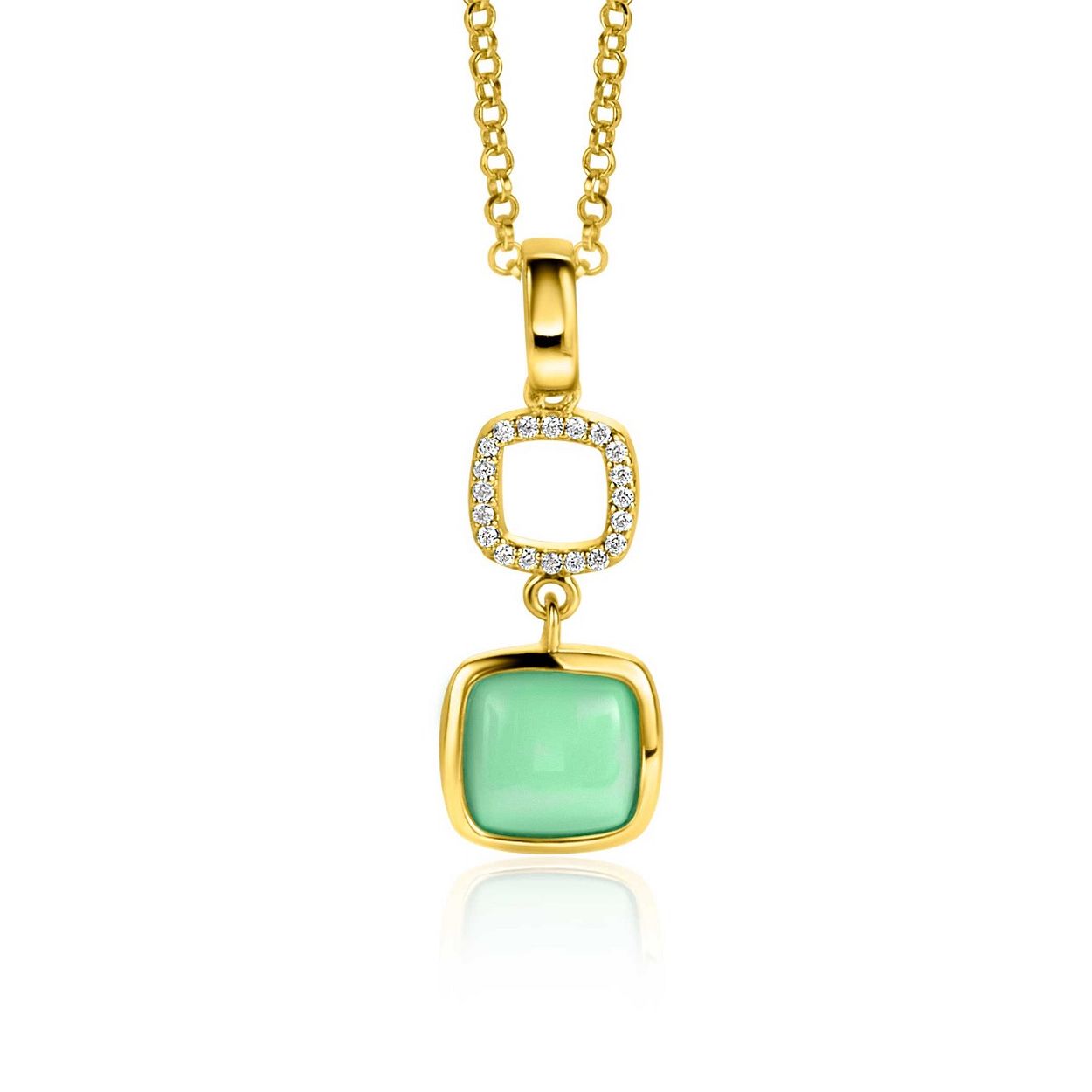 ZINZI gold plated zilveren dubbelzijdige hanger 30mm, bestaande uit twee carrévormen. De bovenste is open en bezet met witte zirconia's, de onderste heeft aan de ene zijde een mintgroene kleursteen en aan de andere zijde een witte onyx. Stem gemakkelijk de kant af op je kleding, groen of wit! De hanger is exclusief collier geprijsd. Vervaardigd van eerste gehalte zilver (925) en extra 14K geel verguld.
