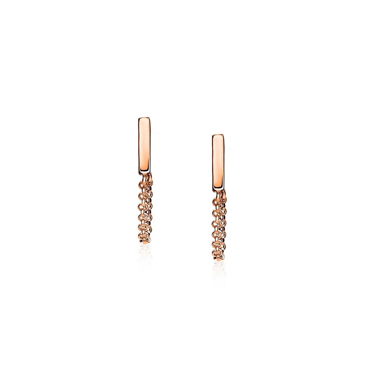 Zinzi zilveren staafvormige oorknoppen 14K rosé  verguld met een jasseron ketting, die ook vastzit aan de sluiting van de oorknop. Hierdoor bungelt het kettinkje sierlijk onder je oorlel. De oorsieraden zijn vervaardigd van eerste gehalte zilver (925) en extra 14K rosé  verguld.