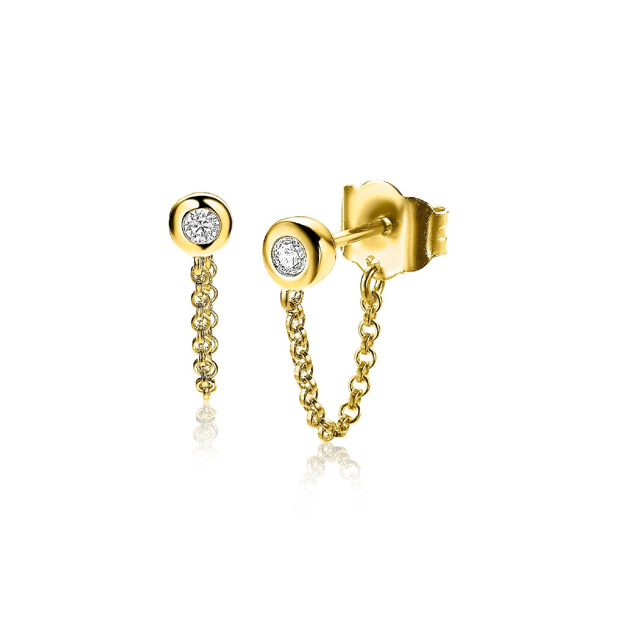 ZINZI zilveren oorknoppen 14K geel verguld met een jasseron ketting, die ook vastzit aan de sluiting van de oorknop. Hierdoor bungelt het kettinkje sierlijk onder je oorlel. De oorknop is een ronde witte zirconia. De oorsieraden zijn vervaardigd van eerste gehalte zilver (925) en extra 14K geel verguld.