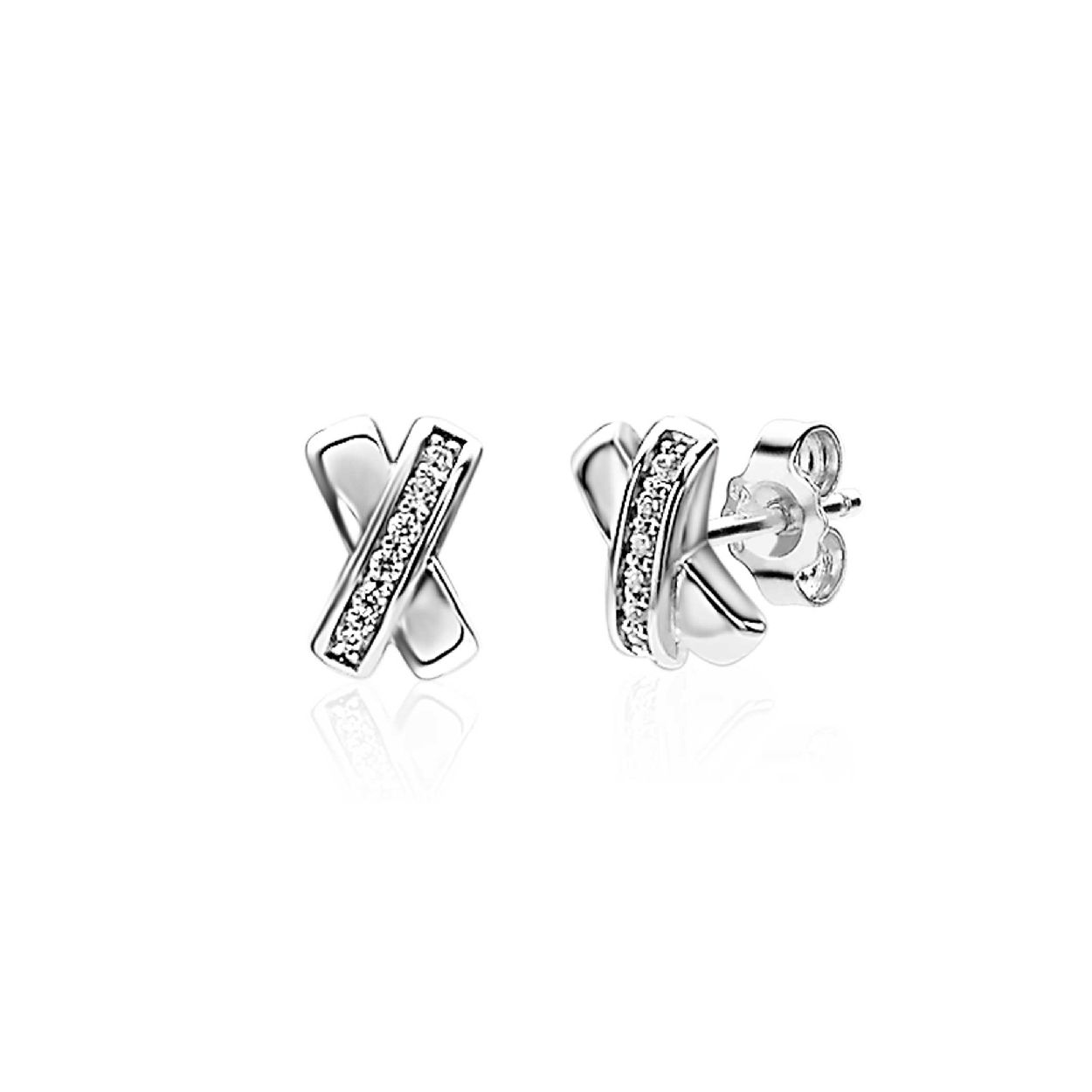 ZINZI zilveren oorknoppen met een mooi kruislings design, waarvan een band bezet is met witte zirconia's. Vervaardigd van eerste gehalte zilver (925) en voorzien van een extra rodium laag voor een langdurige glans.