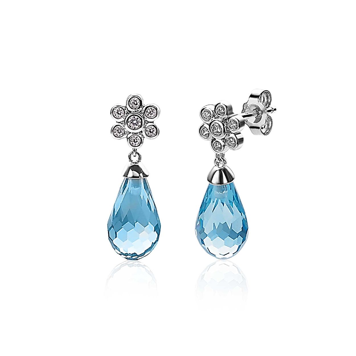 ZINZI zilveren luxe oorknoppen bloem druppel blauw 23mm ZIO1833B