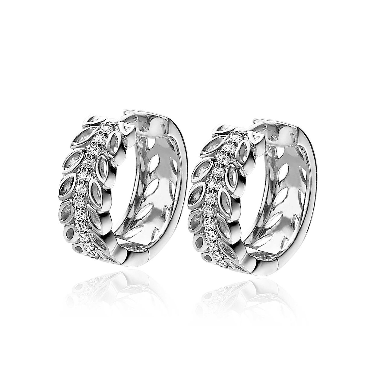 ZINZI zilveren luxe oorringen 18x7mm blaadjes wit ZIO1889