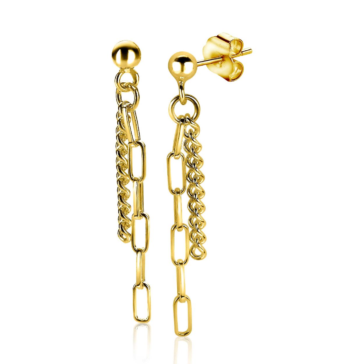 ZINZI zilveren oorhangers in 14K geel verguld met trendy 'paperclip' schakels en gourmet schakels. De combinatie van deze twee stoere schakels maken deze oorhangers uniek.De lengte van deze oorhangers is 39mm en staan sierlijk op ieder oor. Vervaardigd van eerste gehalte zilver (925) en extra 14K geel verguld.