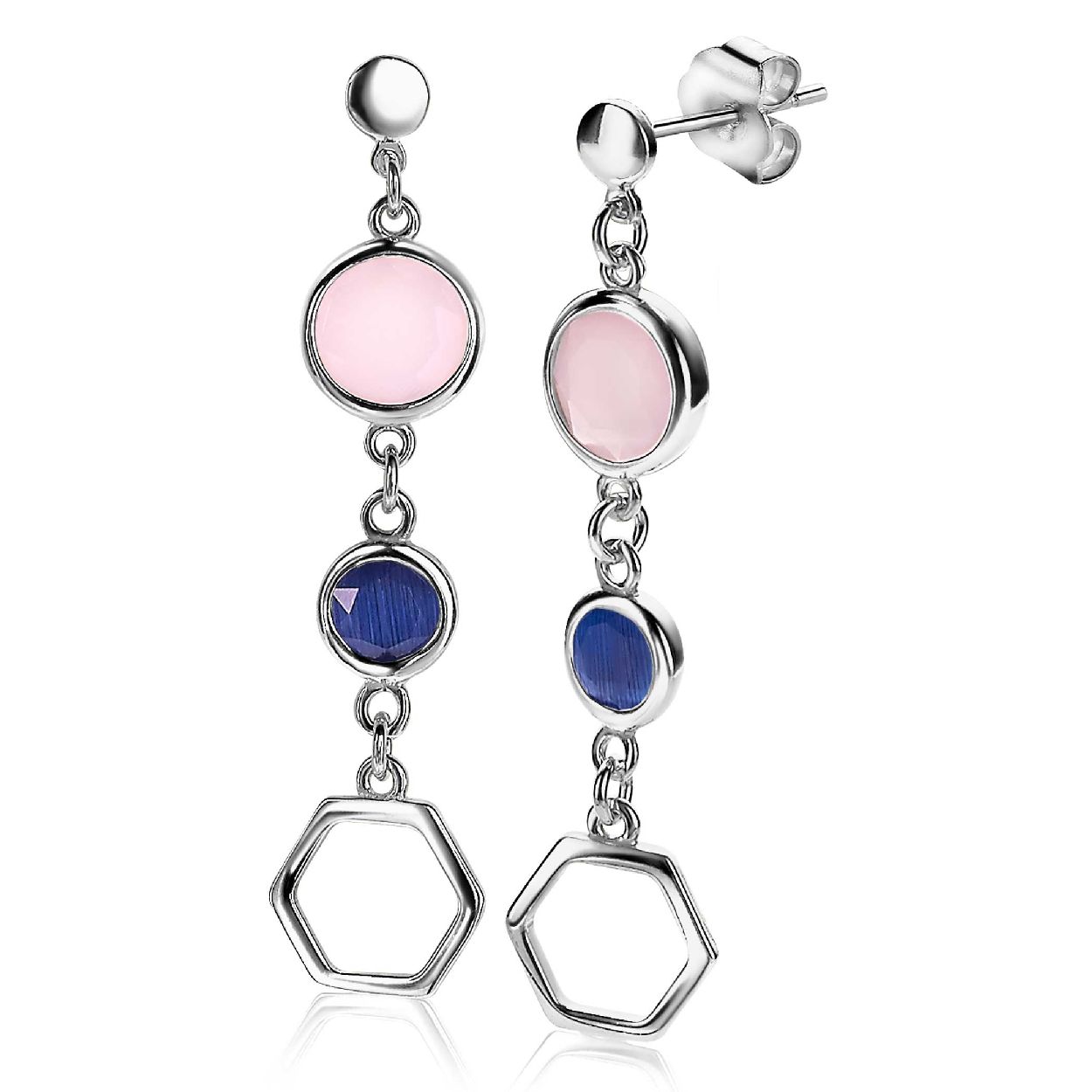 ZINZI zilveren oorhangers 44mm zeshoek blauw roze rond ZIO2002