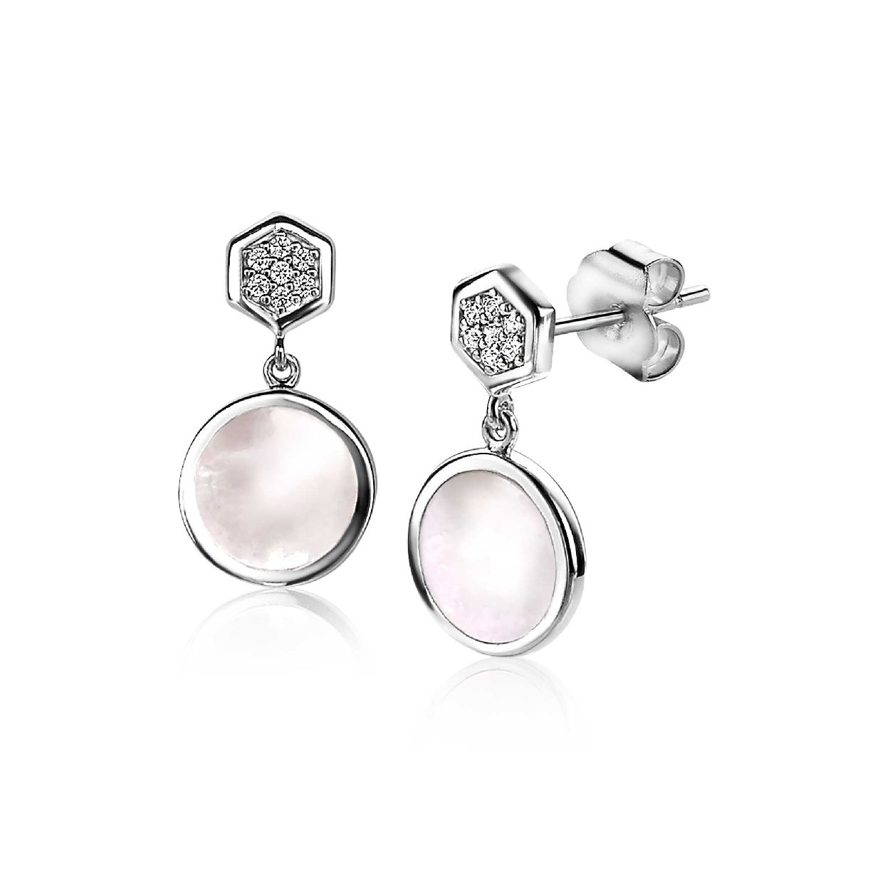 ZINZI zilveren oorstekers wit rond parelmoer zeshoek 21mm ZIO2011