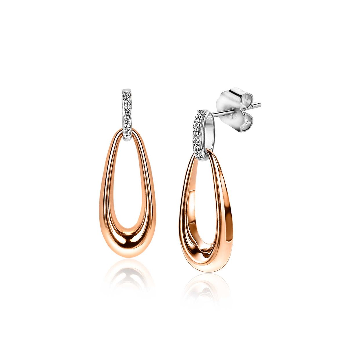 ZINZI zilveren oorsieraden 25mm in 14K rose verguld open druppelvorm witte zirconia ZIO2125