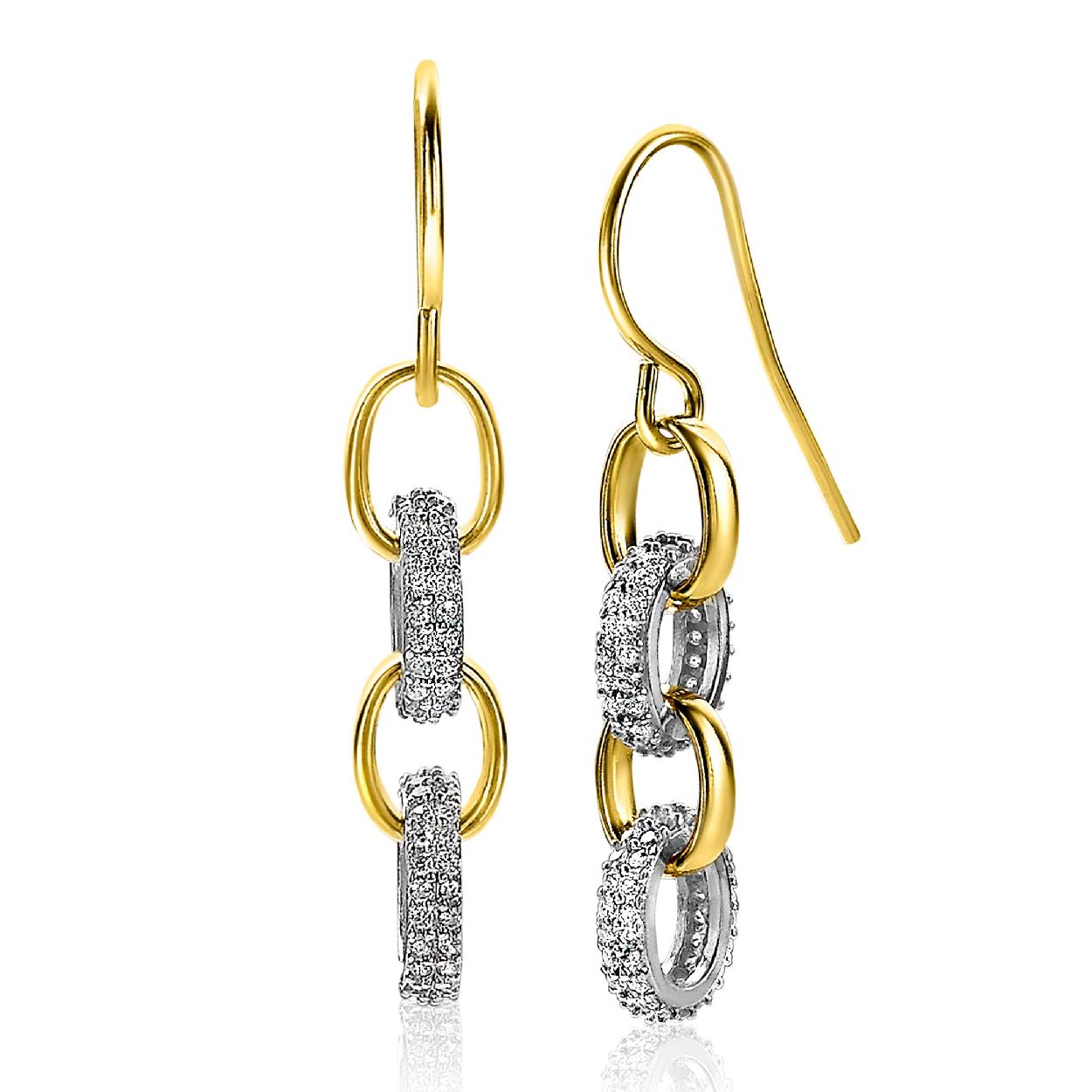 ZINZI zilveren luxe oorhangers 14K geel verguld 35mm ovale schakels witte zirconia ZIO2203Y