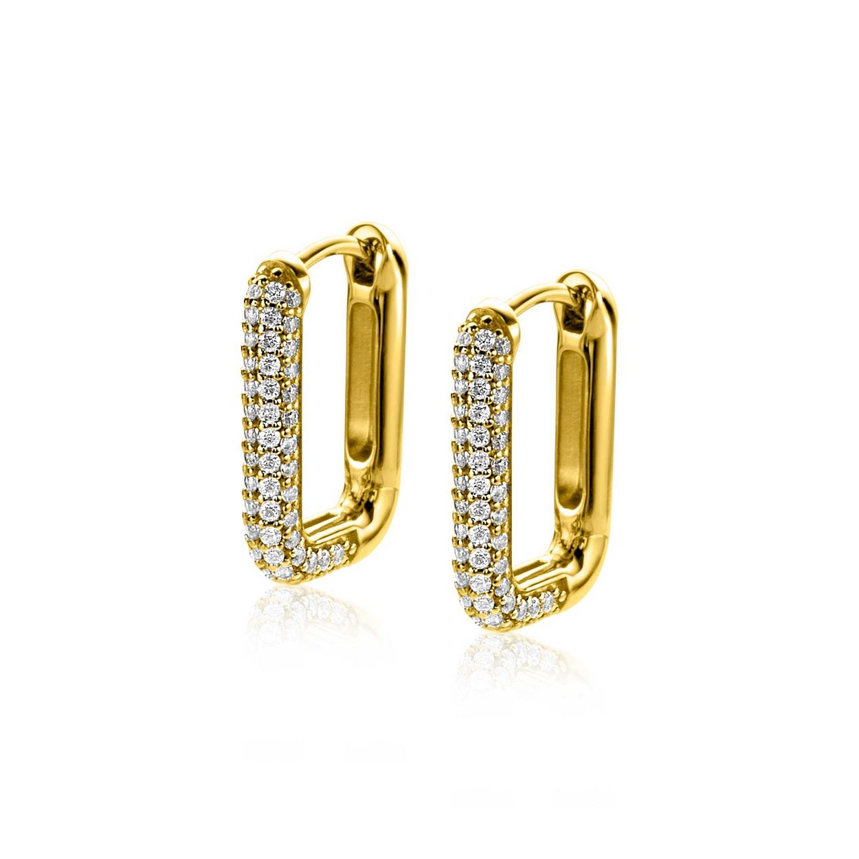 ZINZI gold plated zilveren luxe oorringen in rechthoekige vorm, bezet met witte zirconia's. De doorsnede van deze oorringen is 18mm en de buisdikte is 3mm. Met luxe scharniersluiting. Deze oorringen zijn te combineren met al onze oorbedels. Deze elegante oorringen blinken uit in hun eenvoud. Vervaardigd van eerste gehalte zilver (925) en voorzien van een extra 14K geel vergulding.