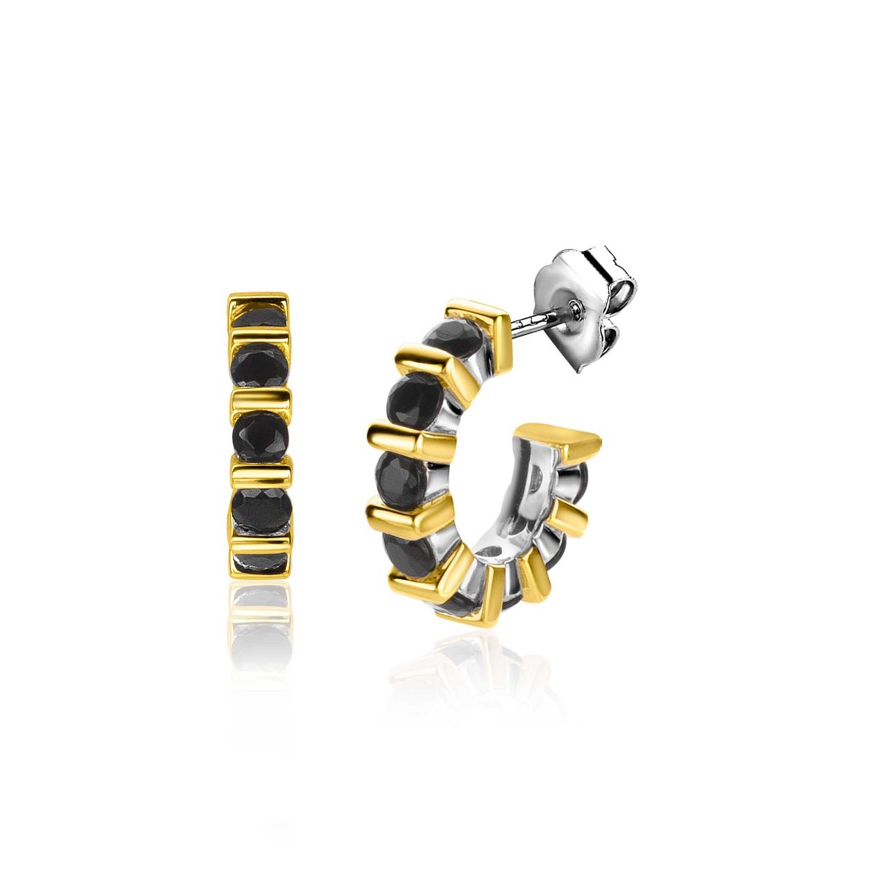 ZINZI zilveren oorsieraden (16x4mm) met acht schitterende zwarte zirconia's in ronde vorm, afgewisseld met extra 14K geel vergulde vierkante elementen. Vervaardigd van eerste gehalte zilver (925) en extra 14K geel verguld.