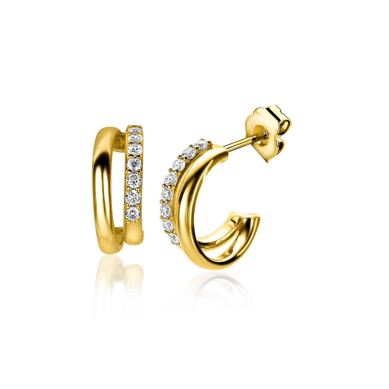 ZINZI zilveren extra 14K geel vergulde multi-look oorstekers (15x6mm). De kleine baan is voorzien van witte zirconia's en de grote baan is glad. Het lijkt alsof je twee oorringen in je oren hebt. Vervaardigd van eerste gehalte zilver (925) en extra 14K geel verguld.