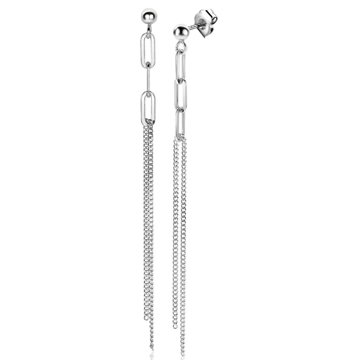 ZINZI zilveren oorstekers met 3 paperclip hangers en een dubbele ketting van fijne gourmet schakels. Deze lange oorsieraden van 85 mm maken je outfit helemaal af en laten zich uitstekend combineren met het bijpassende collier. Vervaardigd van eerste gehalte zilver (925) en voorzien van een extra rodiumlaag voor een langdurige glans.