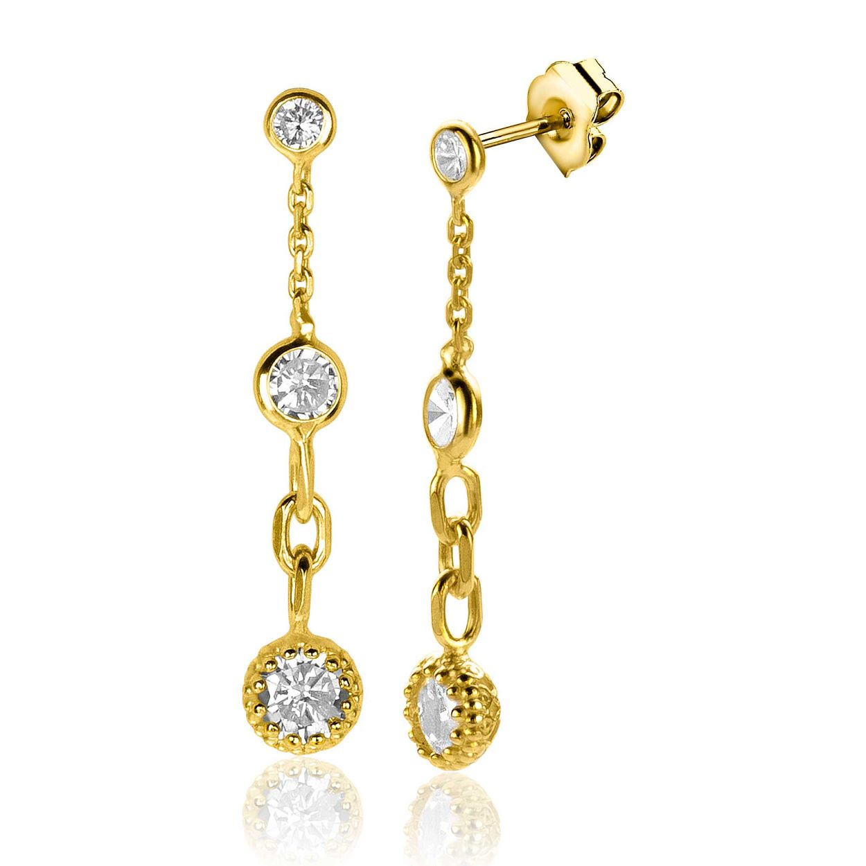 ZINZI zilveren oorstekers (30mm) met schakels in verschillende groottes, voorzien van drie ronde witte zirconia's van klein naar groot. Deze lange oorsieraden maken je outfit helemaal af en laten zich uitstekend combineren met verschillende sieraden. Vervaardigd van eerste gehalte zilver (925) en extra 14K geel verguld.
