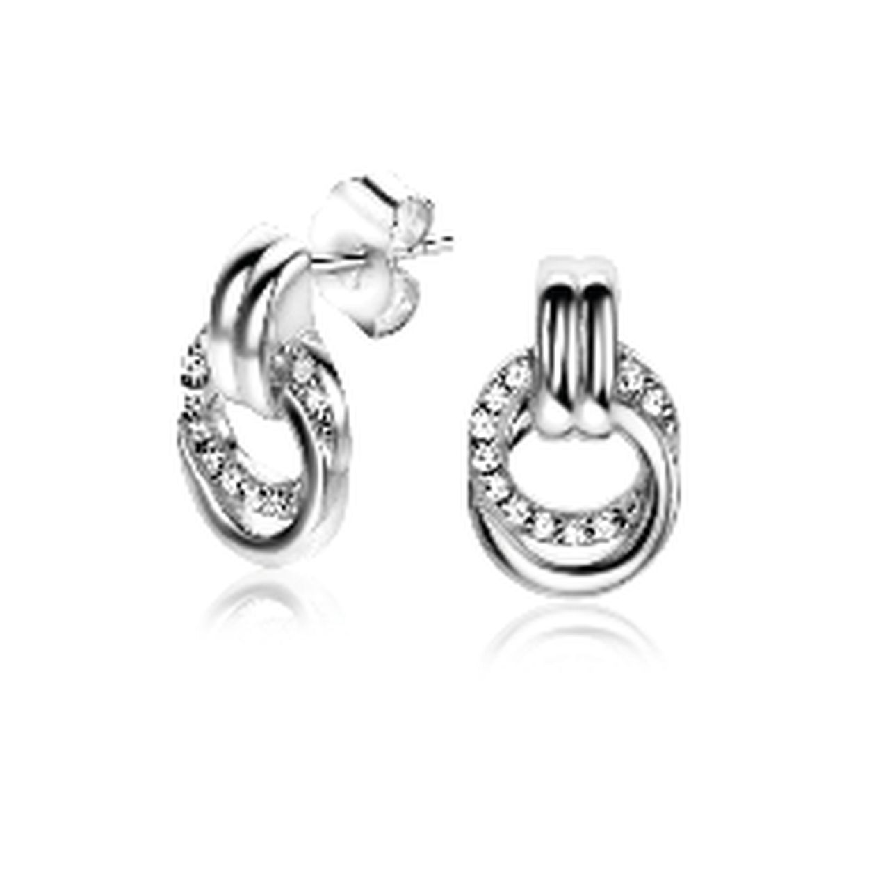 ZINZI zilveren oorstekers 13mm met elkaar verbonden ronde vormen glad en witte zirconia ZIO2266