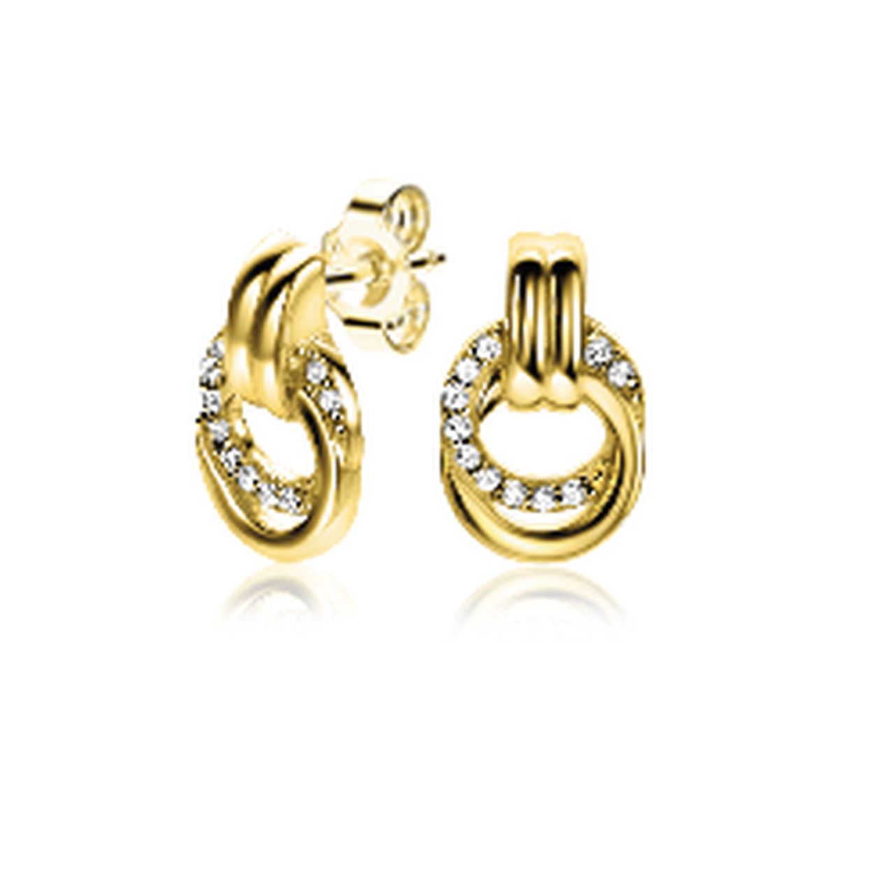 ZINZI zilveren oorstekers 14K geelverguld 13mm met elkaar verbonden ronde vormen glad en witte zirconia ZIO2266Y