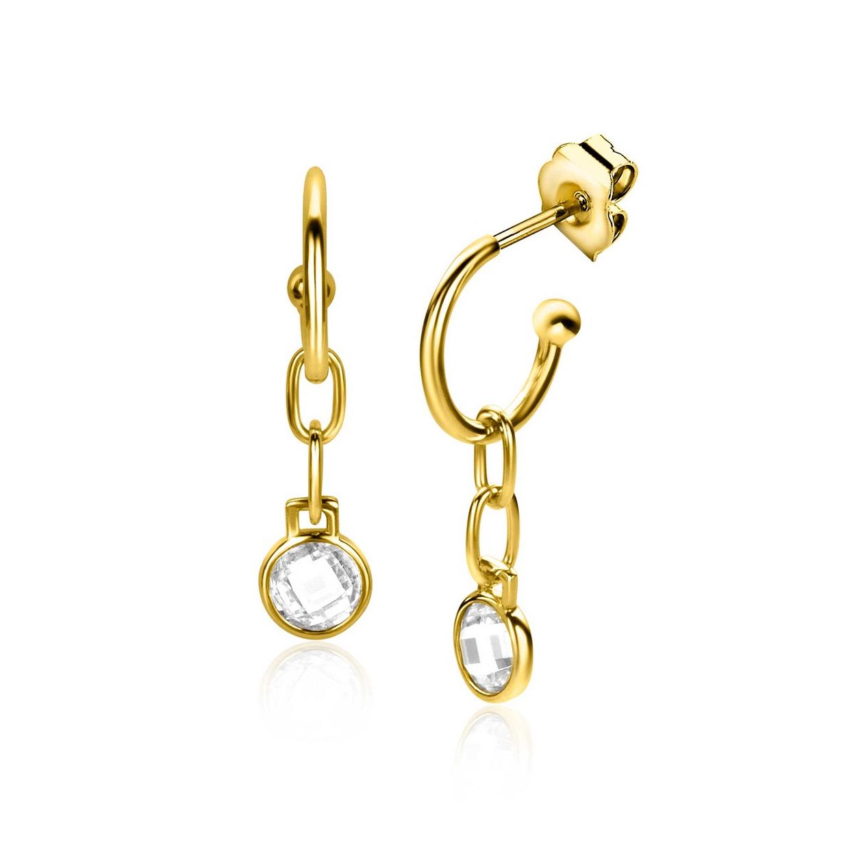 ZINZI gold plated zilveren oorsieraden (30mm), waarbij aan de oorring van 13mm een paperclip-schakel hangt met een ronde witte zirconia. Vervaardigd van eerste gehalte zilver (925) en extra 14K geelverguld.