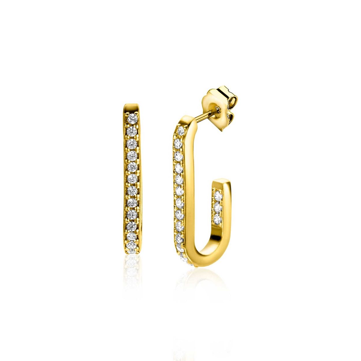 ZINZI gold plated zilveren oorstekers in ovale vorm (20mm) bezet met witte zirconia's. Valt sierlijk om het oor. Vervaardigd van eerste gehalte zilver (925) en voorzien van een extra 14K geel vergulding.