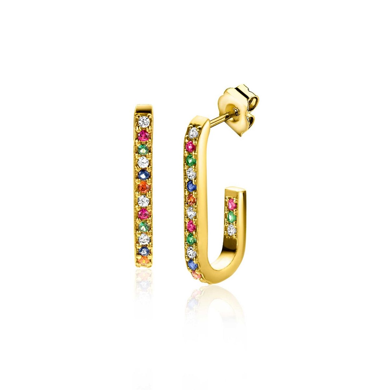 ZINZI gold plated zilveren oorstekers in ovale vorm (20mm) bezet met een regenboog aan kleurstenen. Valt sierlijk om het oor. Vervaardigd van eerste gehalte zilver (925) en voorzien van een extra 14K geel vergulding.