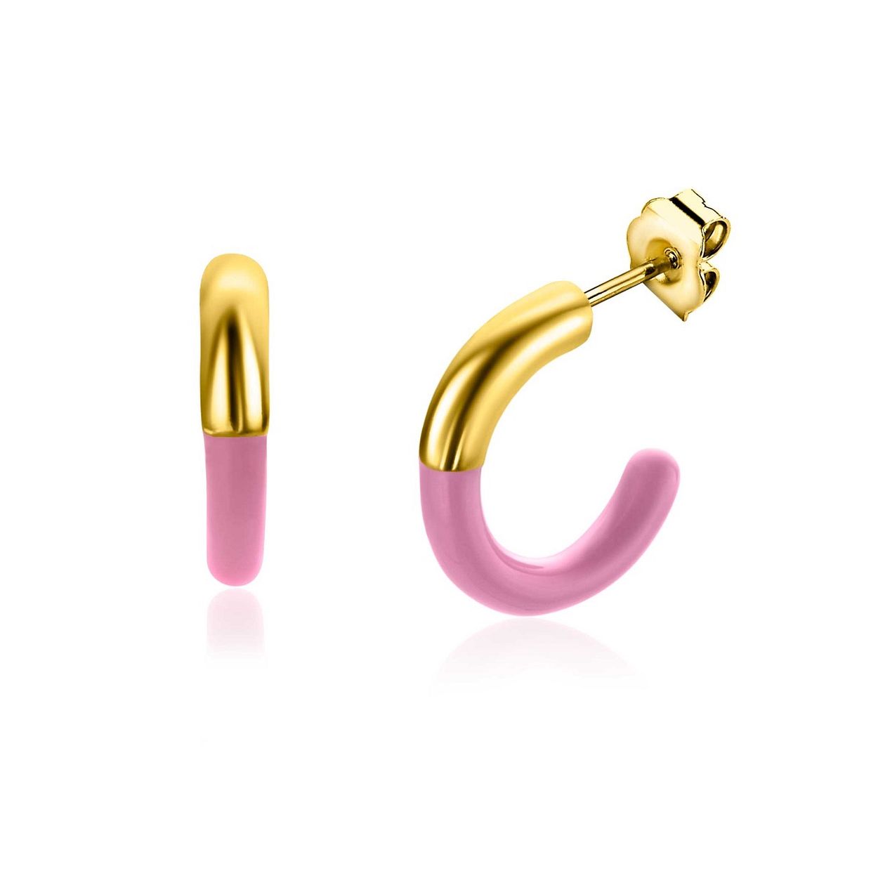 ZINZI  zilveren vergulde oorsieraden 16mm en met de hand afgewerkt met roze emaille. Formaat 16 x 3mm. Met poussette gemakkelijk in oor te bevestigen. Vervaardigd van eerste gehalte zilver (925) en extra  geel verguld.