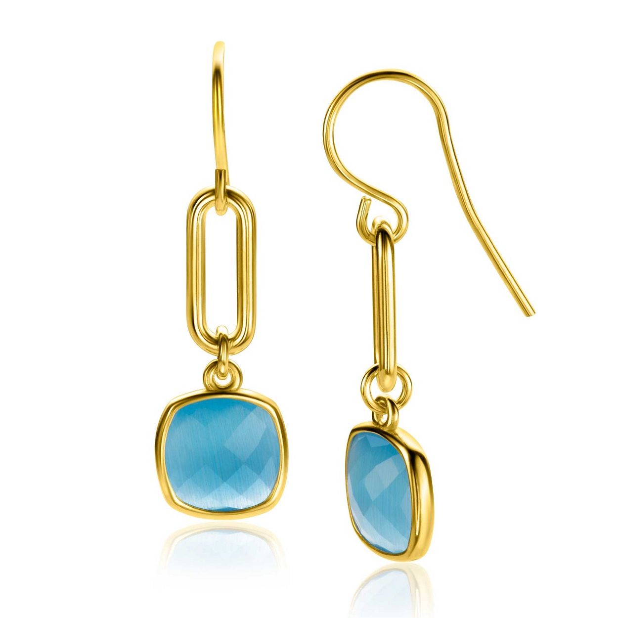 ZINZI gold plated zilveren oorhangers 35mm met grote paperclip schakel en vierkante zetting, bezet met een trendy turquoise kleursteen. Vervaardigd van eerste gehalte zilver (925) en voorzien van een extra 14K geel vergulding.