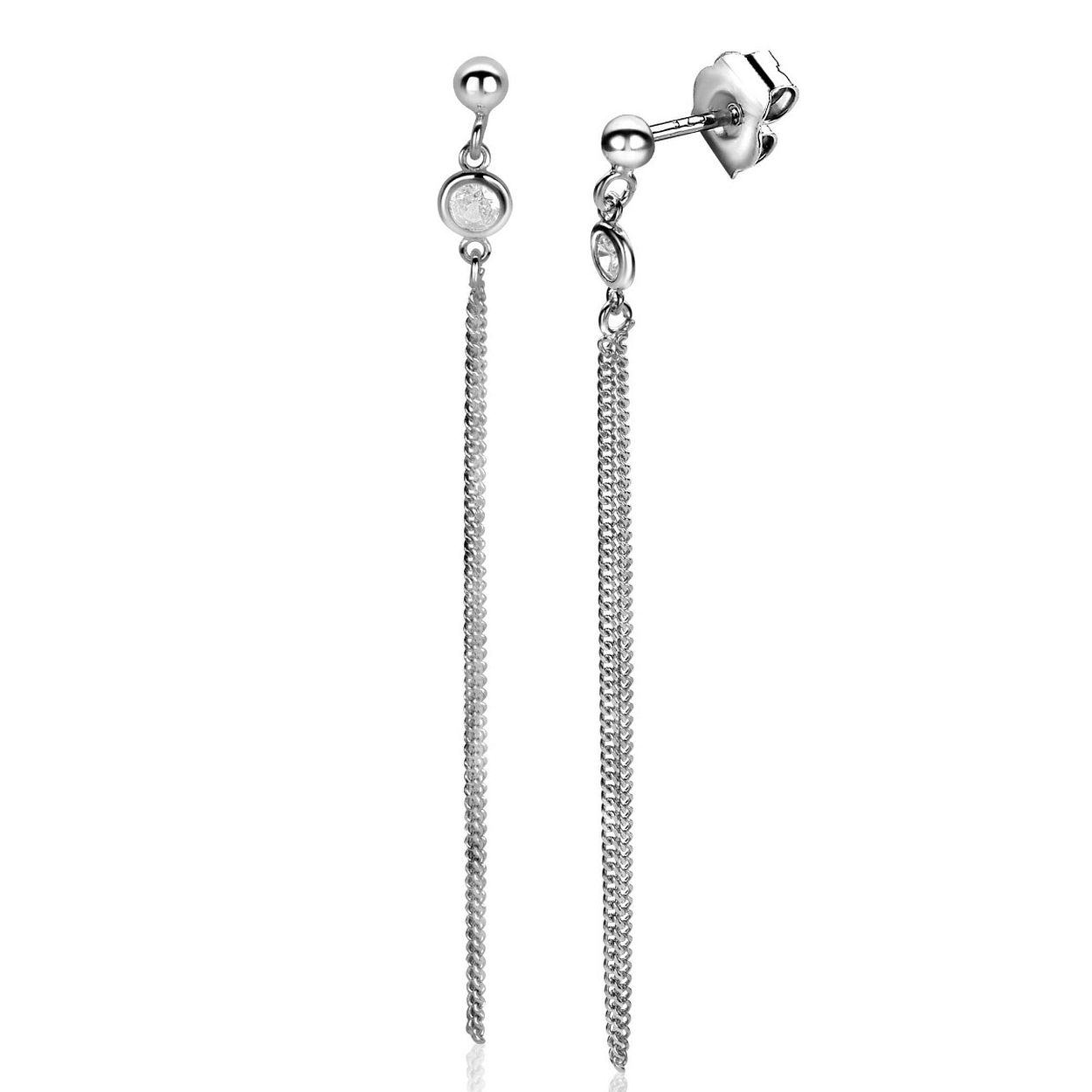 ZINZI zilveren oorstekers met een dubbele ketting van fijne gourmet schakels. Bovenaan blinkt een ronde witte zirconia. Deze lange oorsieraden van 75 mm maken je outfit helemaal af. Vervaardigd van eerste gehalte zilver (925) en voorzien van een extra rodiumlaag voor een langdurige glans.