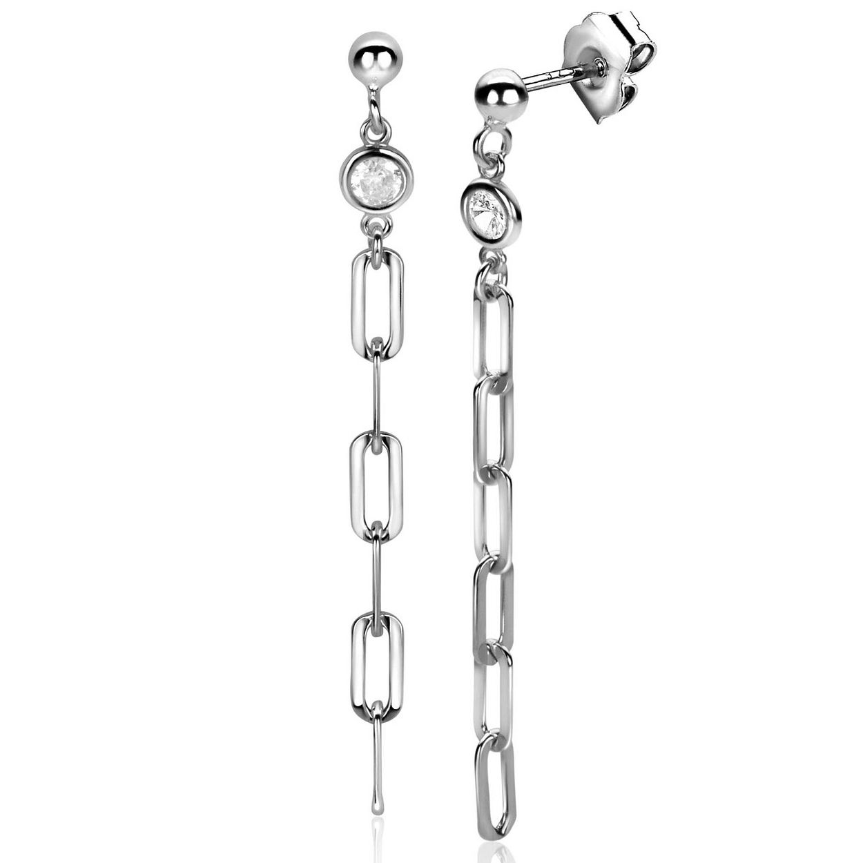 ZINZI zilveren oorstekers met een ketting van fijne paperclip schakels. Bovenaan blinkt een ronde witte zirconia. Deze lange oorsieraden van 58 mm maken je outfit helemaal af. Vervaardigd van eerste gehalte zilver (925) en voorzien van een extra rodiumlaag voor een langdurige glans.