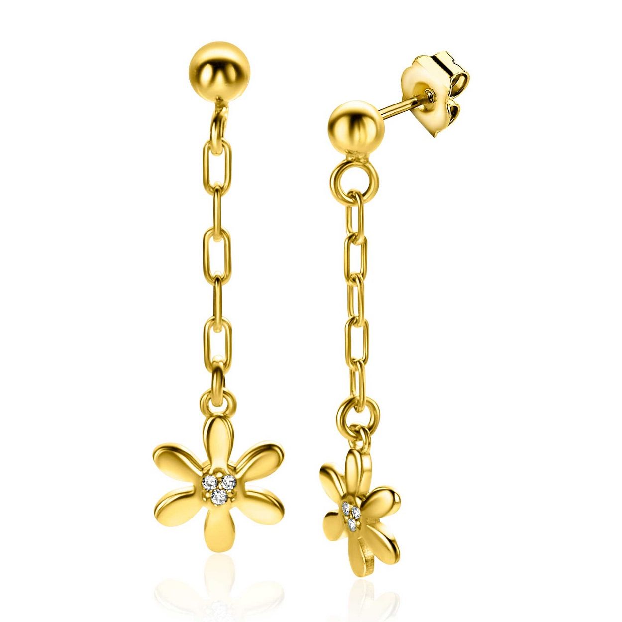 ZINZI gold plated zilveren oorstekers 34mm lang met paperclip schakels en sierlijke bloem ZIO2379