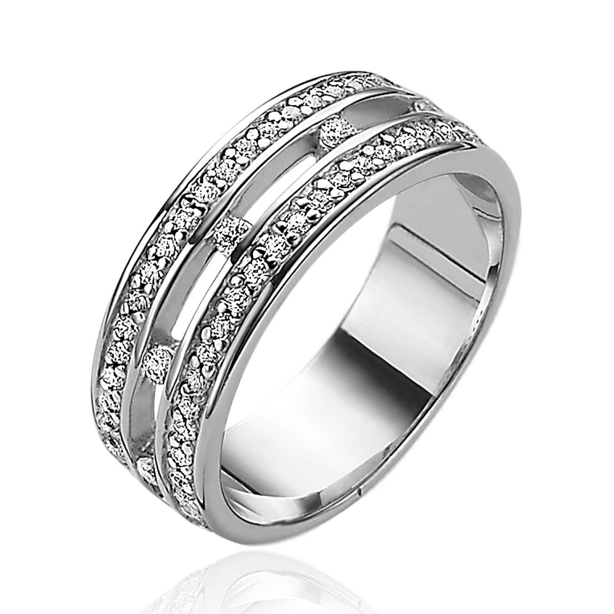 ZINZI zilveren multi-look ring met twee buitenste banen bezet met witte zirconia's. In midden zwevende zirconia's gezet. Vervaardigd van eerste gehalte zilver (925) en voorzien van een extra rodiumlaag voor een langdurige glans.