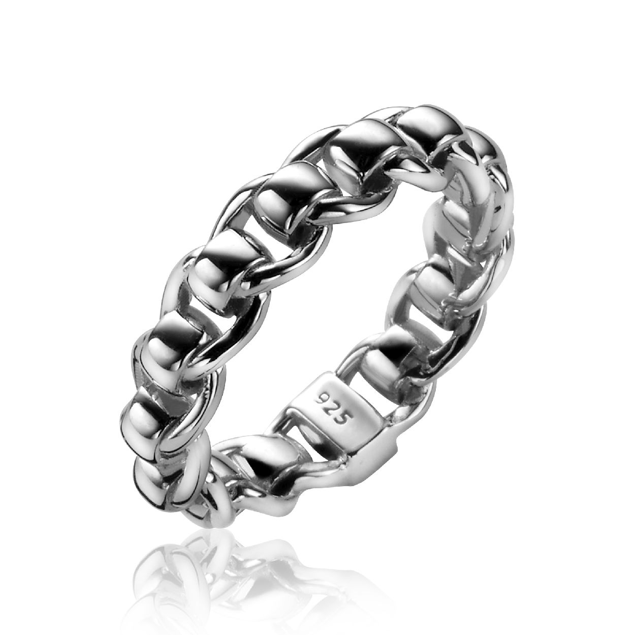 ZINZI CHAIN zilveren ring met de 'rollerball schakel'. Stoere uitstraling door de geheel zilveren look. Met een massief zilveren balkje met 'Zinzi logo' om eventueel naar voren te dragen. Vervaardigd van eerste gehalte zilver (925) en met extra rodiumlaag voor een langdurige glans