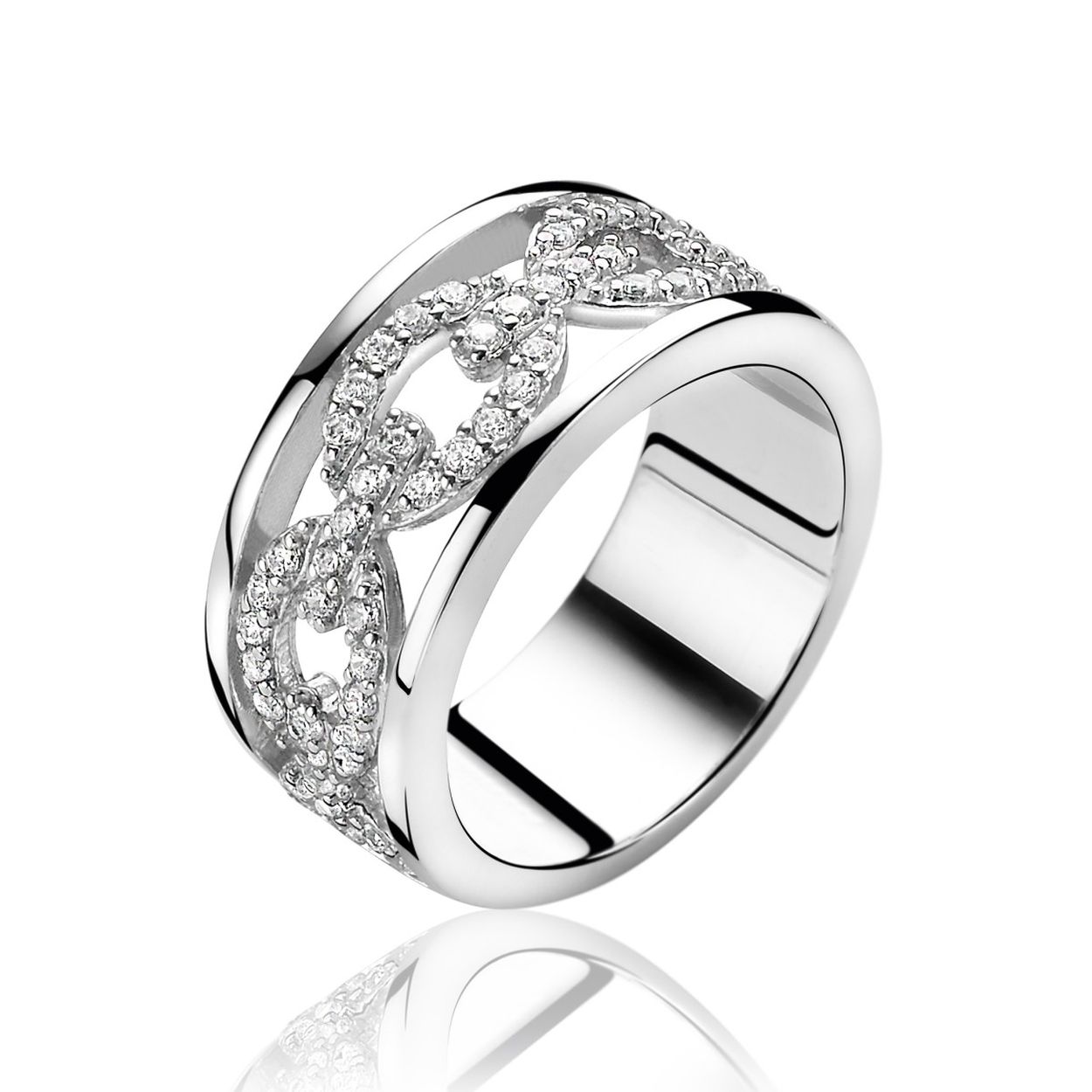 ZINZI CHAIN luxe zilveren ring. Met mooie binnenbewerking van de tijdloze gucci-style schakel, vol bezet met witte zirconia's. Voor een exclusieve uitstraling! Maak deze chique look compleet met de bijpassende oorsieraden (zio1088). Vervaardigd van eerste gehalte zilver (925) en met extra rodiumlaag voor een langdurige glans.