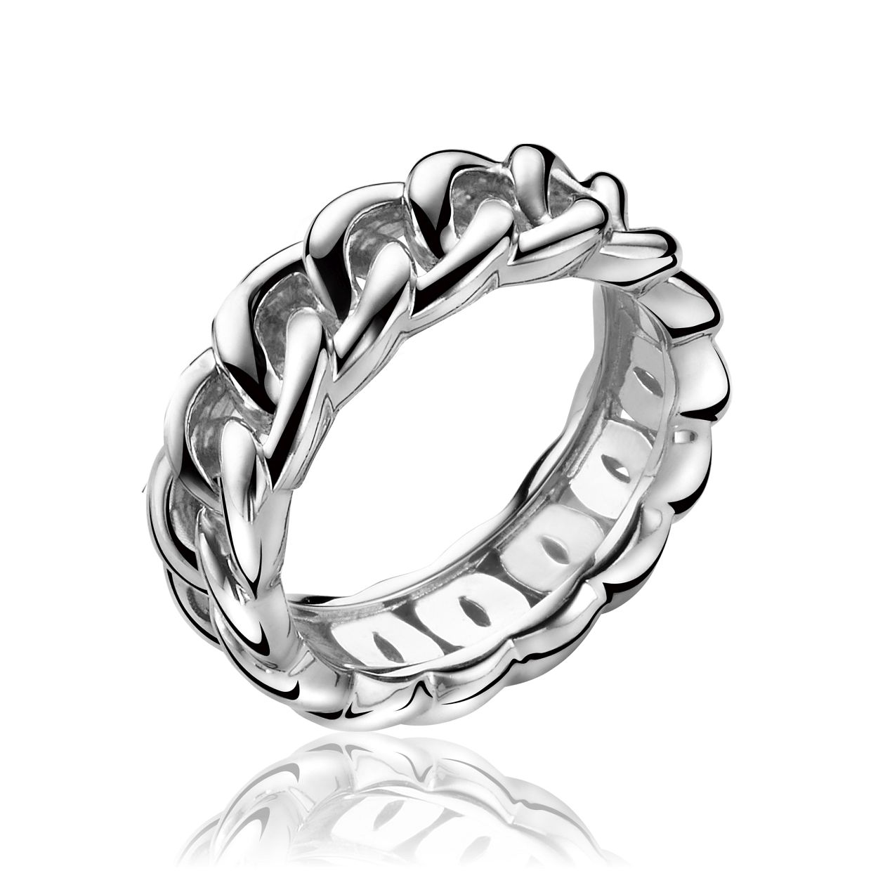 zilveren ring met rondom geheel zilveren gourmet schakel.