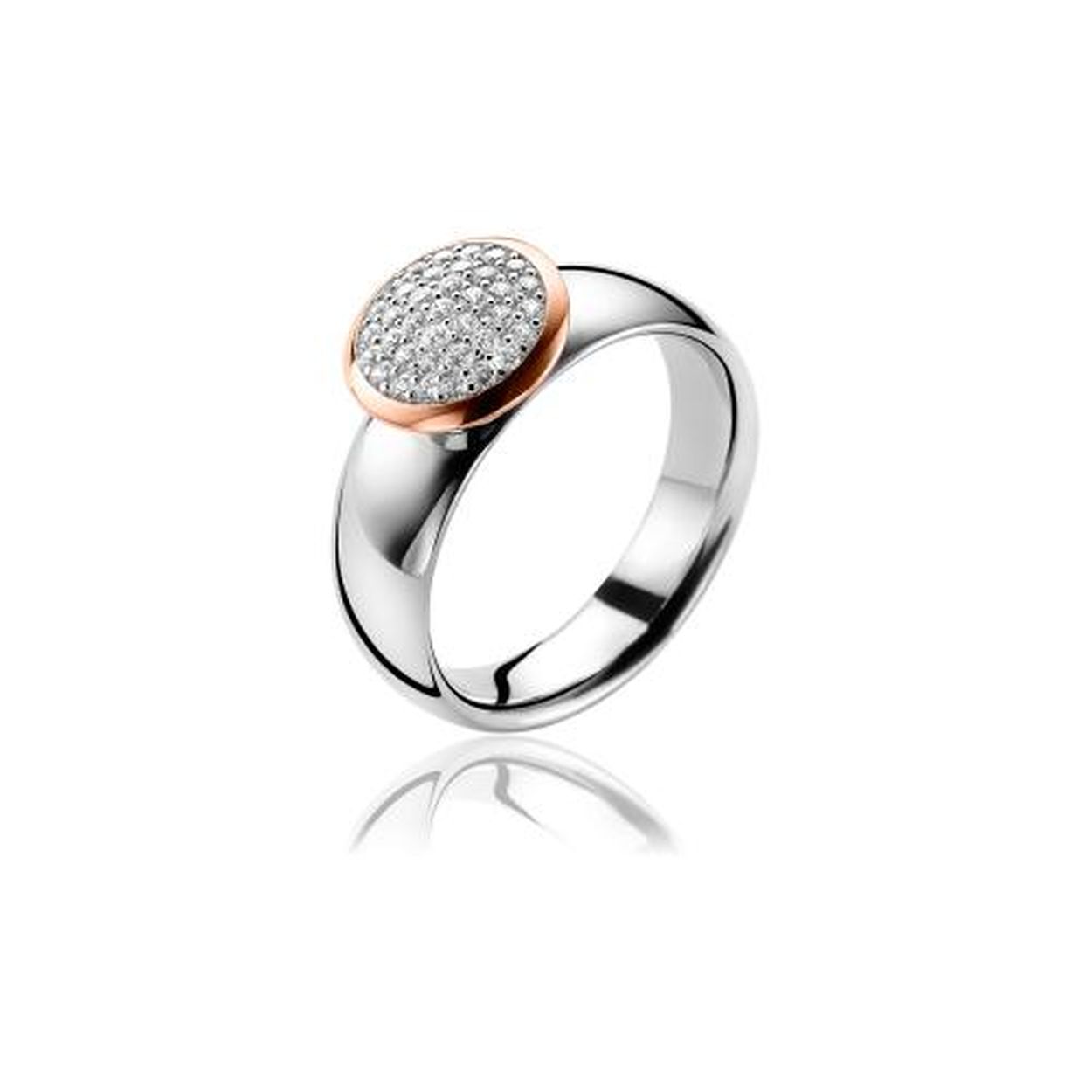 ZINZI zilveren ring met ronde rosé vergulde top. De topzetting is vol bezet met witte zirconia's en geeft een chique look. Vervaardigd van eerste gehalte zilver (925) en voorzien van een extra roségoudkleurige laag.