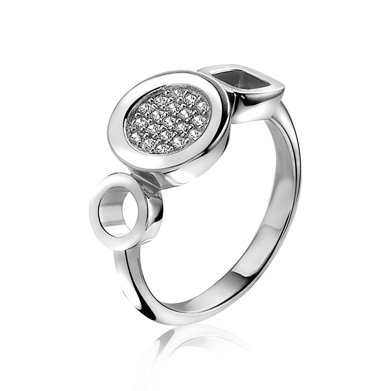 ZINZI zilveren fantasie ring in rond model, vol bezet met witte zirconia's. Aan beide zijden geflankeerd door een ronde en vierkante gladde open zetting. Een subtiele eyecatching ring. De ring is vervaardigd van eerste gehalte zilver (925) en met extra rodiumlaag voor mooie glans.